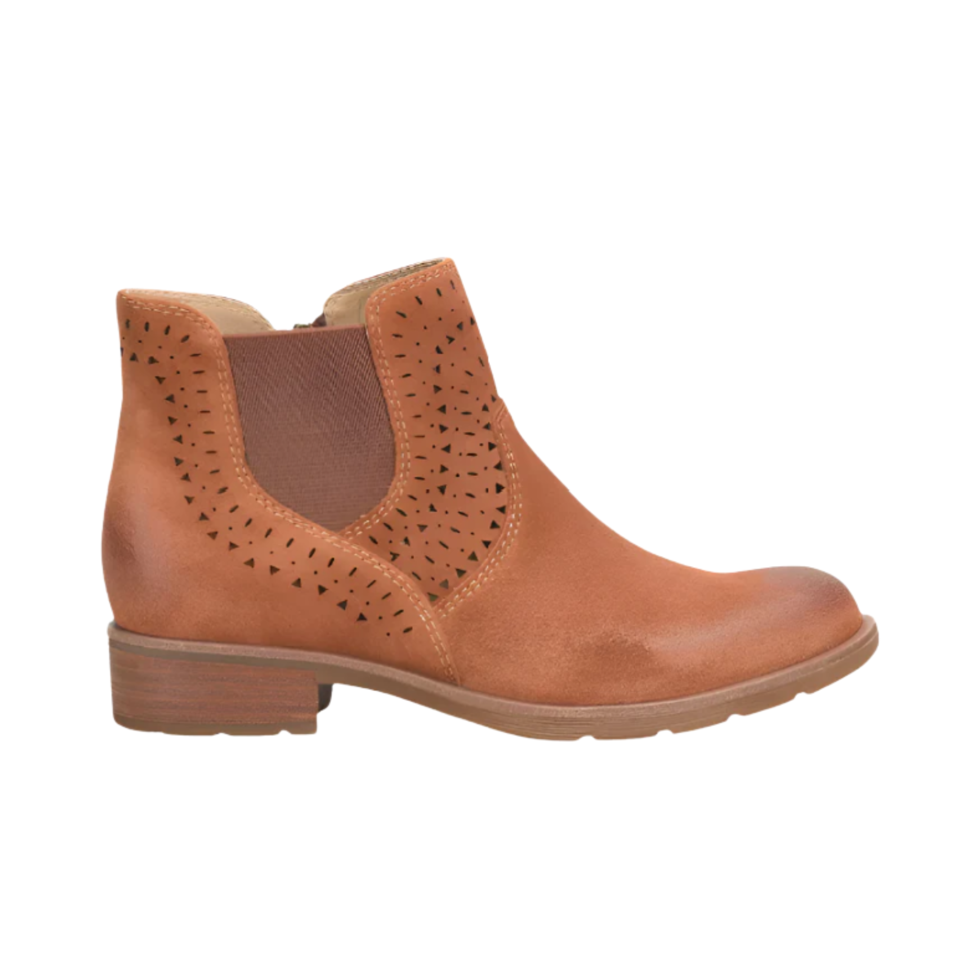 Side View of Women’s Sofft Barina boot in russet brown – featuring a rich leather upper with side zipper closure, cushioned footbed for all-day comfort, and flexible rubber outsole for durable traction.