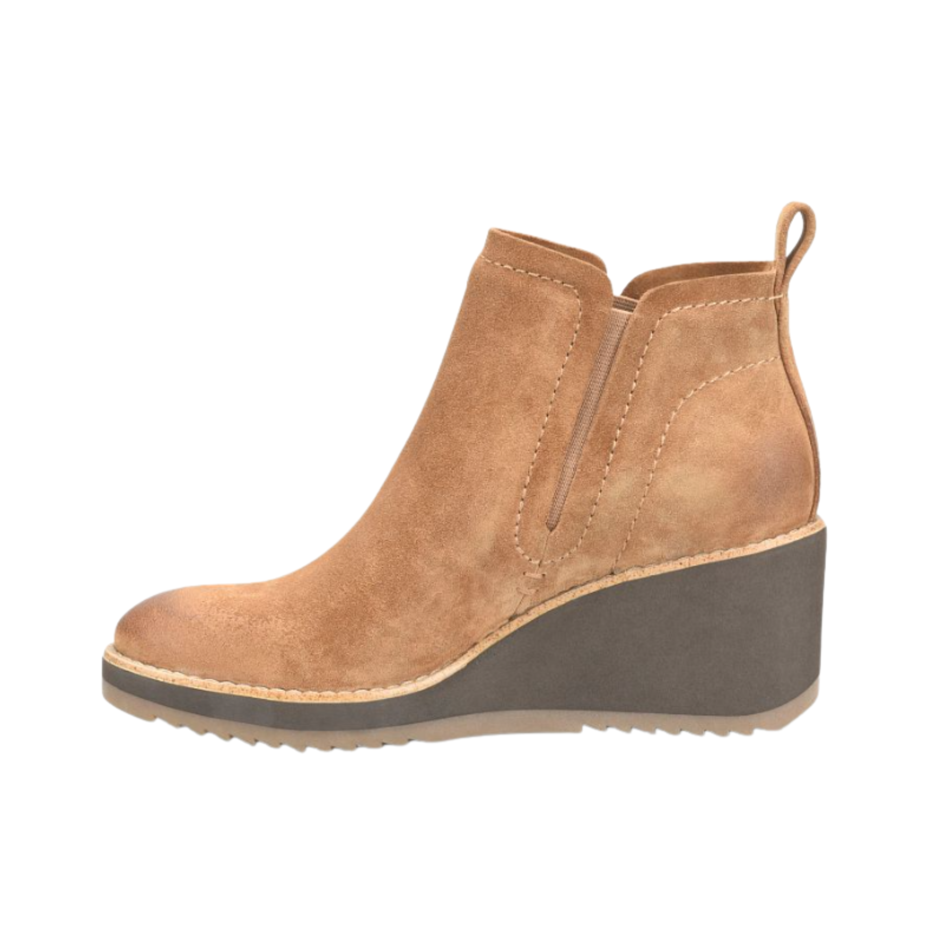 Side View of Women’s Sofft Emeree boot in saddle brown – featuring a soft leather upper with sleek stretch panel, cushioned footbed for enhanced comfort, and low stacked heel with flexible rubber outsole for everyday wear.