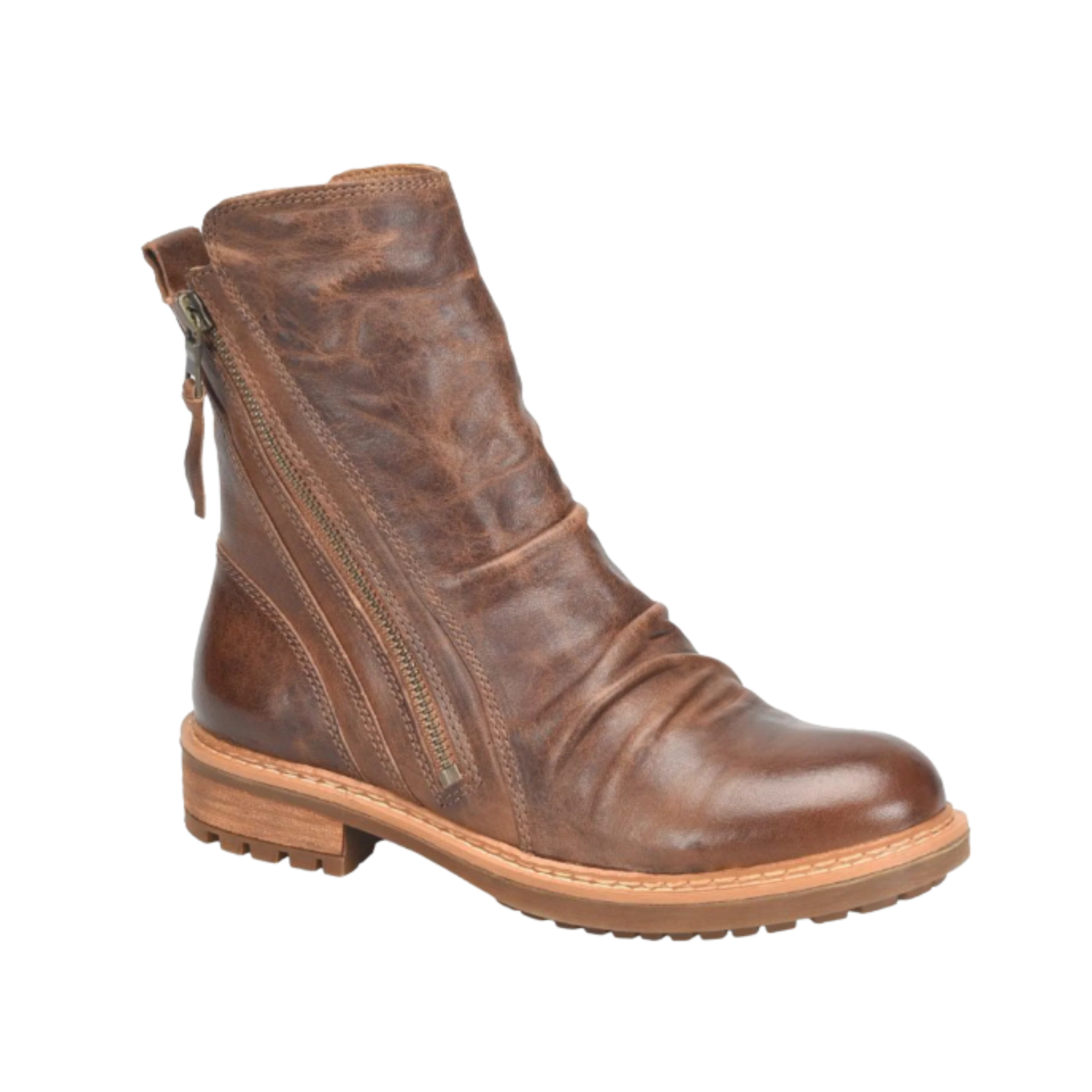 Side View of Women’s Sofft Lavina boot in warm brown – featuring a rich leather upper with side zipper closure, cushioned footbed for all-day comfort, and flexible rubber outsole with stacked heel for stylish support.