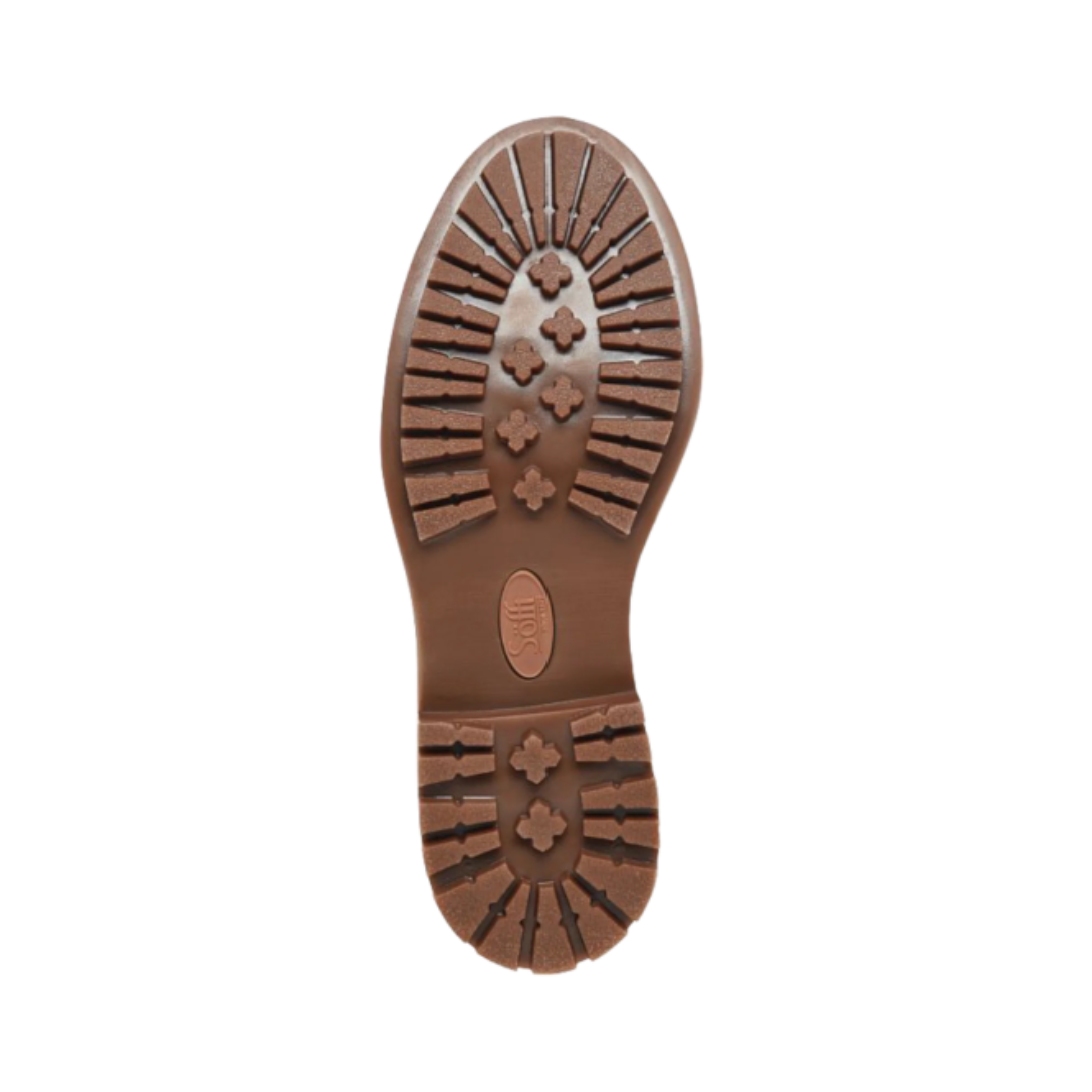 Bottom View of Women’s Sofft Lavina boot in warm brown – featuring a textured rubber outsole for enhanced grip, stacked heel design, and durable construction for everyday traction and stability.