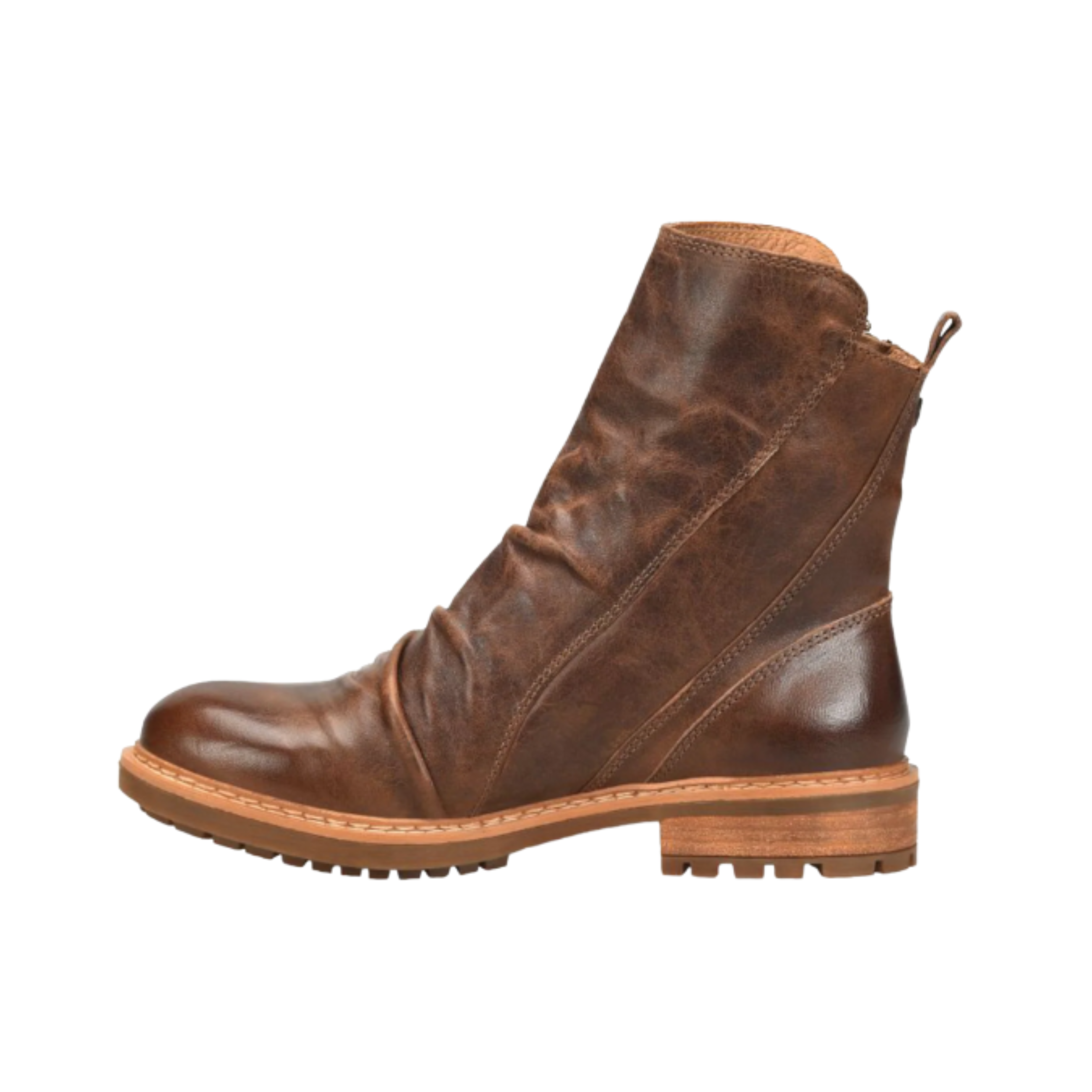 Side View of Women’s Sofft Lavina boot in warm brown – featuring a premium leather upper with decorative stitching, side zipper for easy entry, and a stacked heel with flexible rubber outsole for stylish everyday wear.