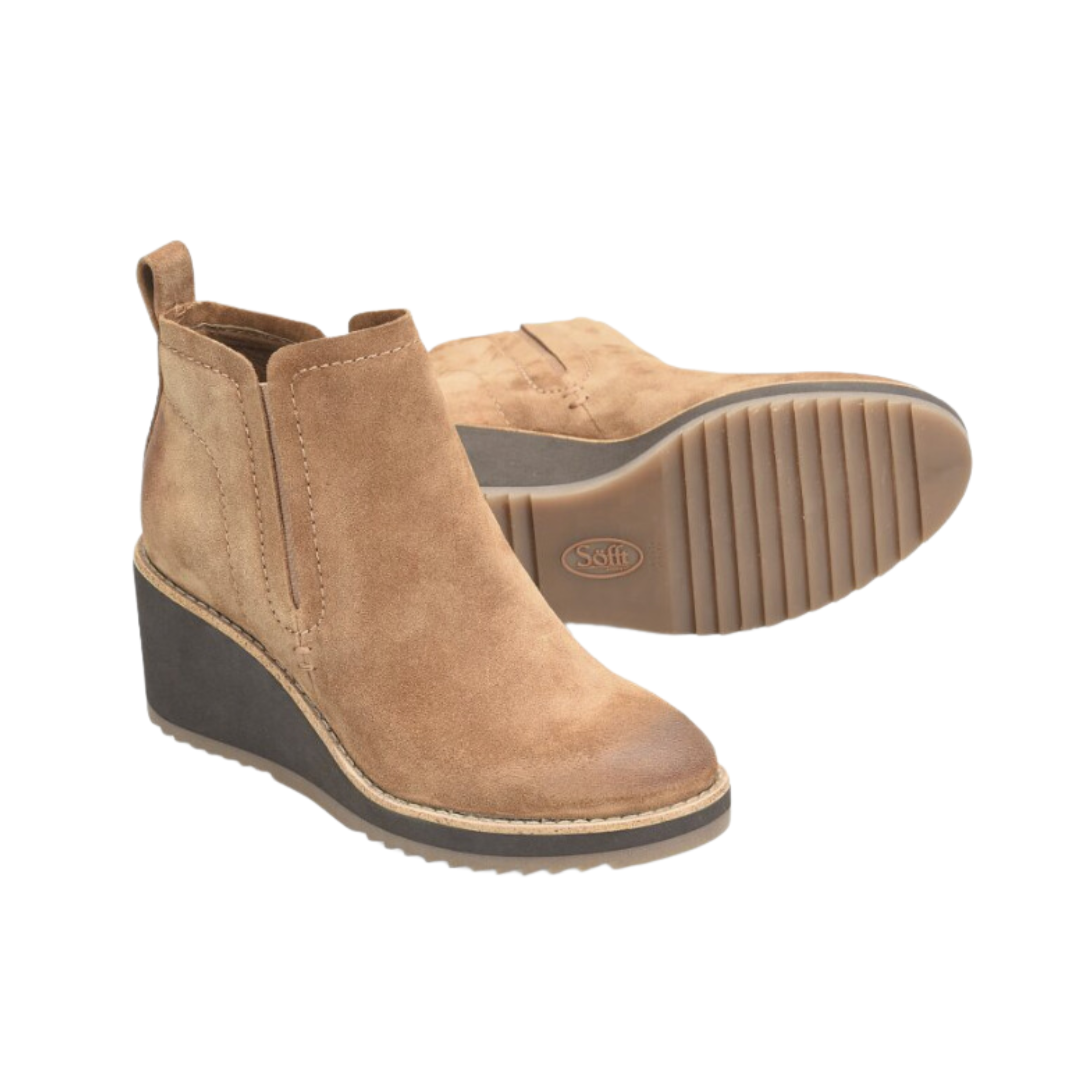 Side view of Women’s Sofft Emeree casual wedge boot in brown and black – featuring leather and suede upper, comfortable wedge heel for added height and stability, padded collar for ankle support, and cushioned footbed for long-lasting comfort.
