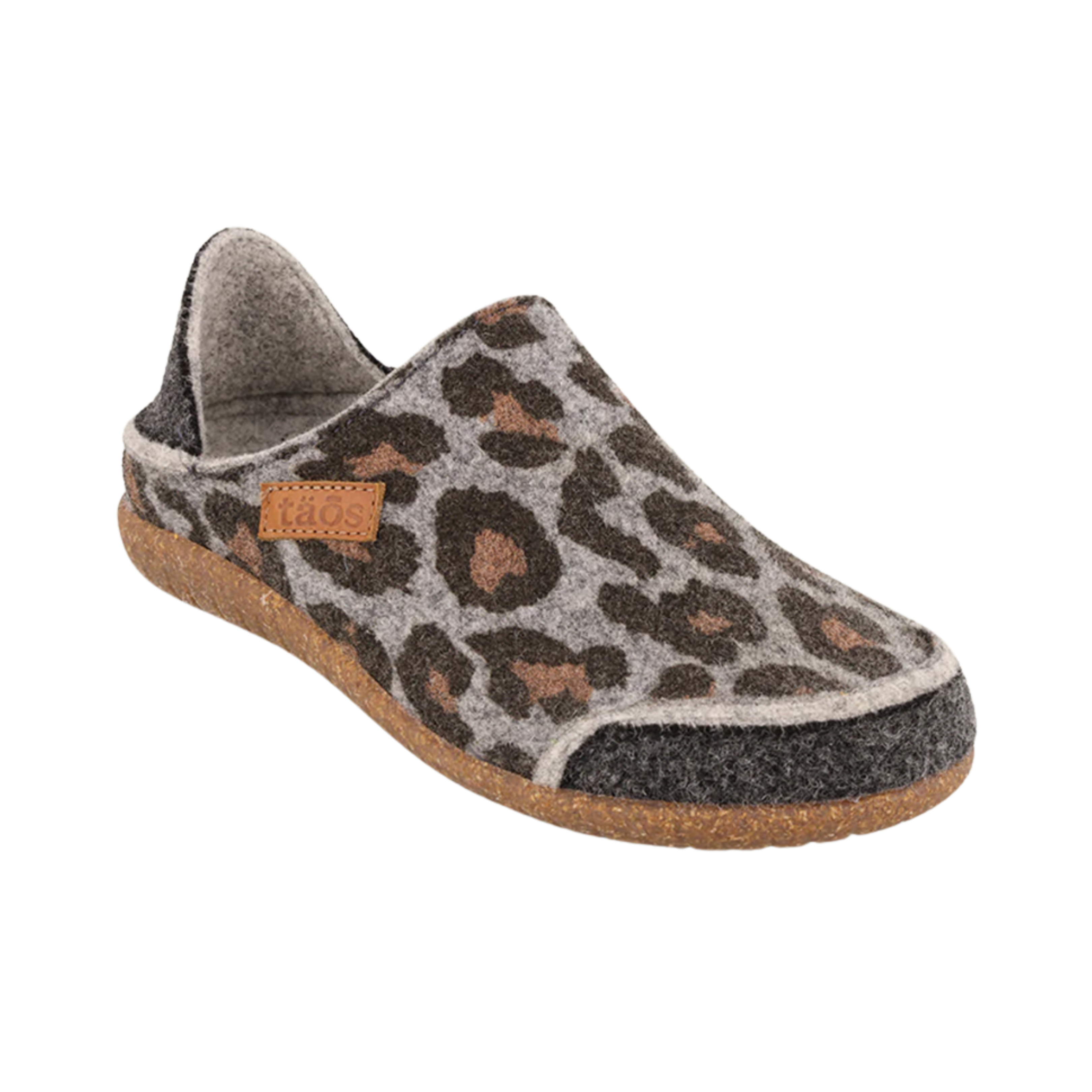 Side view of Women’s Taos Convertawool in Charcoal Leopard – Featuring a stylish leopard print wool upper, comfortable slip-on design, and durable outsole for everyday wear.