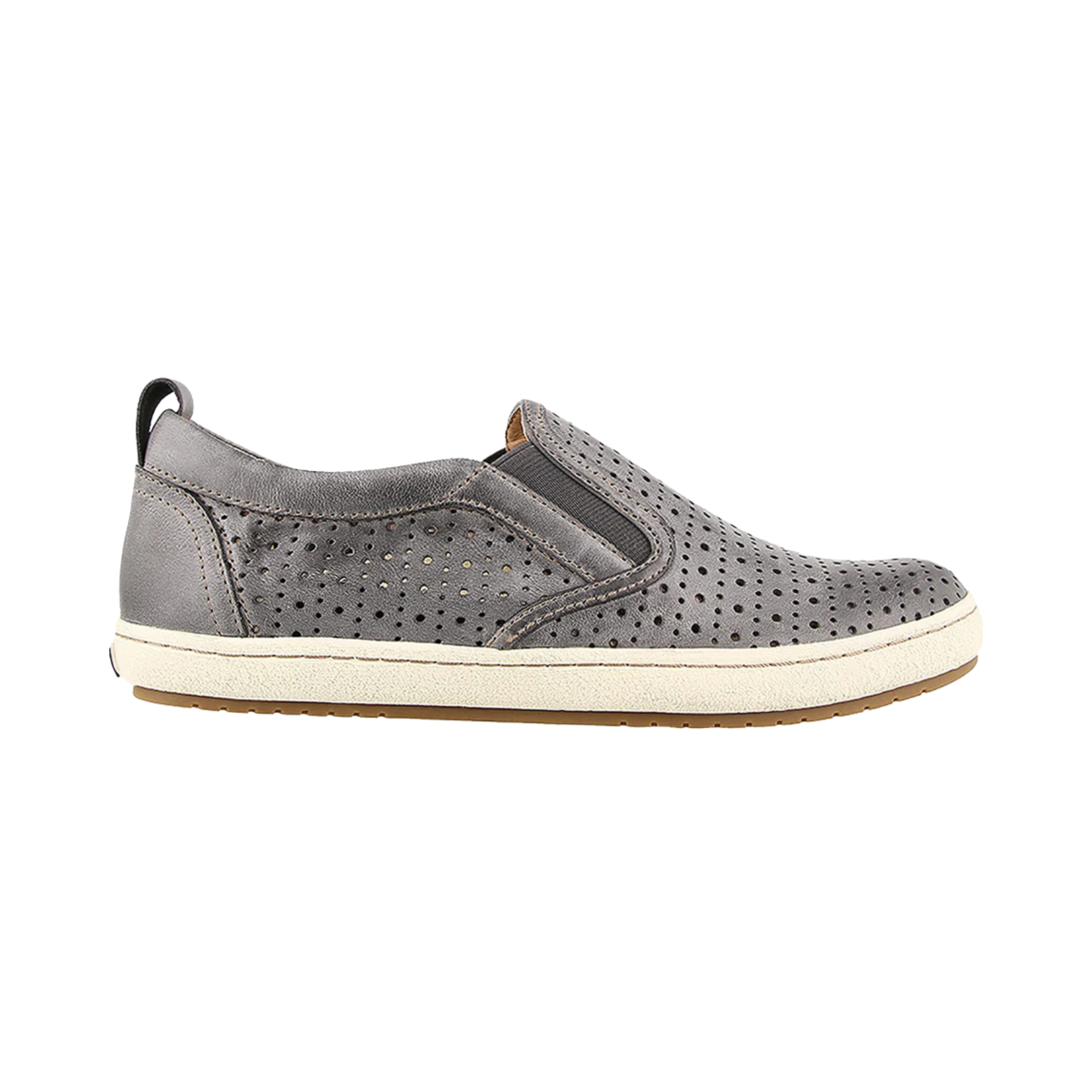 Side view of Women’s Taos Court in Steel – Featuring a sleek, smooth leather upper, cushioned footbed for added comfort, and a durable rubber outsole for support and grip.