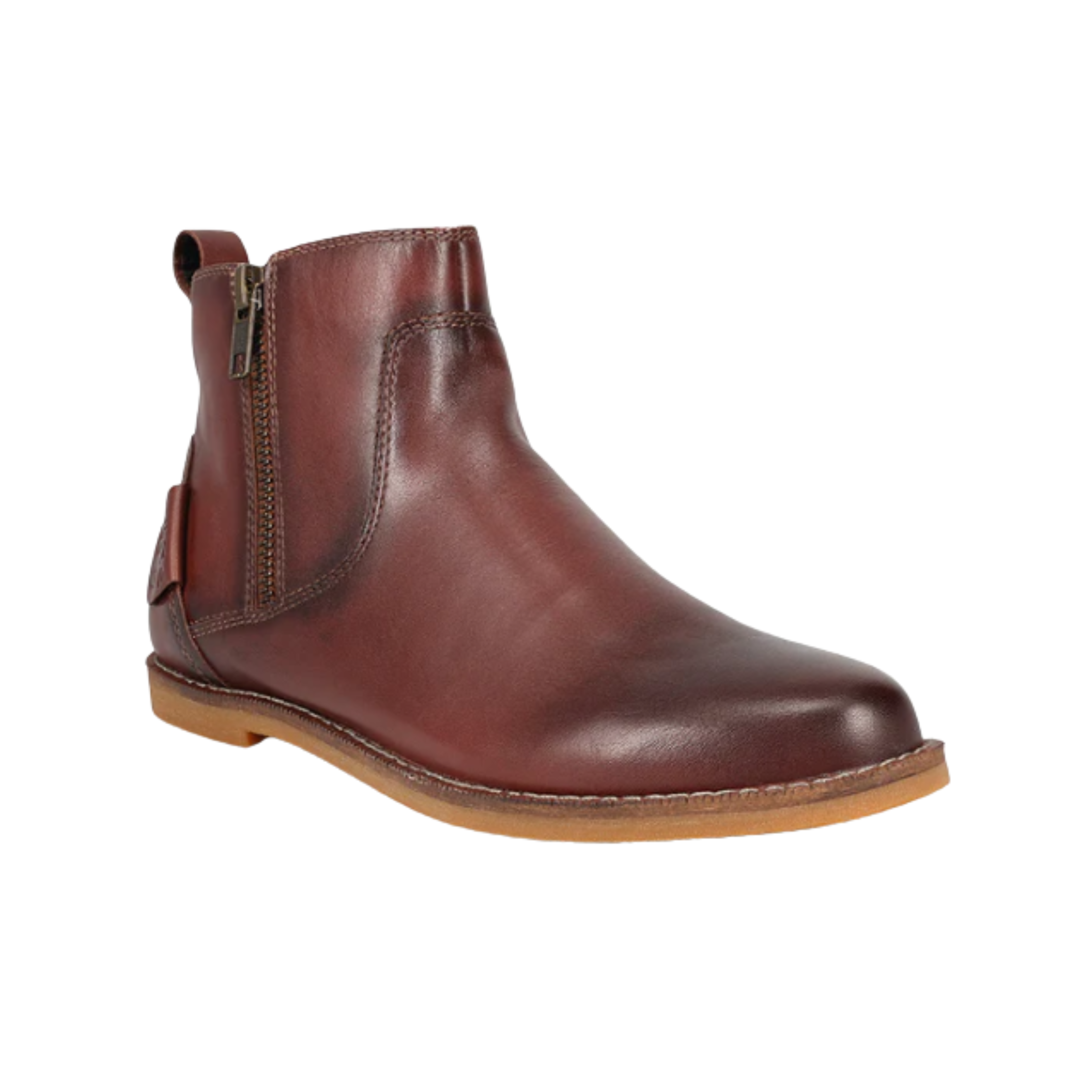 Side View of Women’s Taos Double Time in Whiskey – Featuring a stylish leather upper with a two-tone color design, adjustable hook-and-loop straps for a secure fit, and a cushioned footbed for comfort throughout the day.