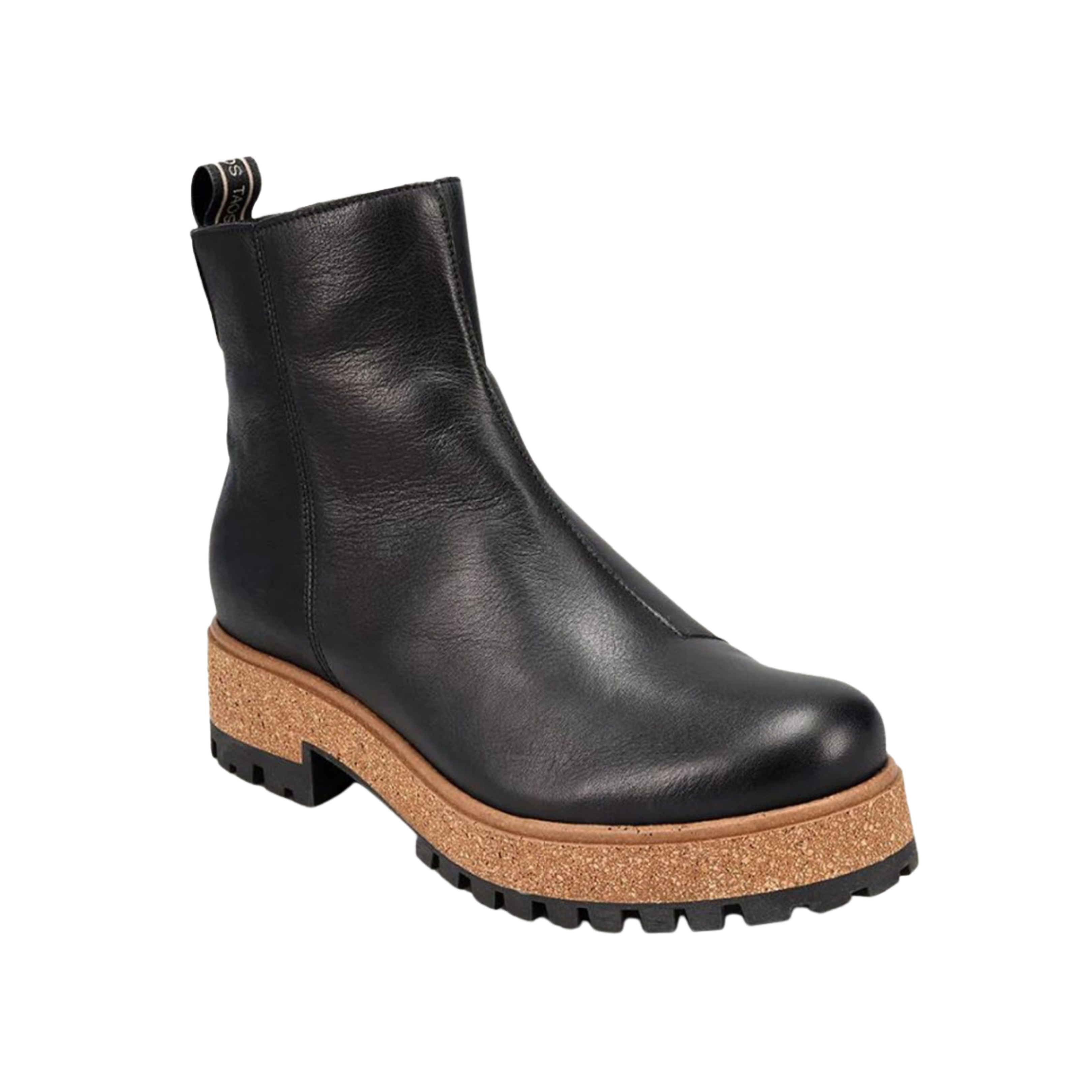 Angled view of Women’s Taos Downtown in Black – Featuring a sleek leather upper, padded footbed for enhanced comfort, and a sturdy rubber outsole for reliable traction.