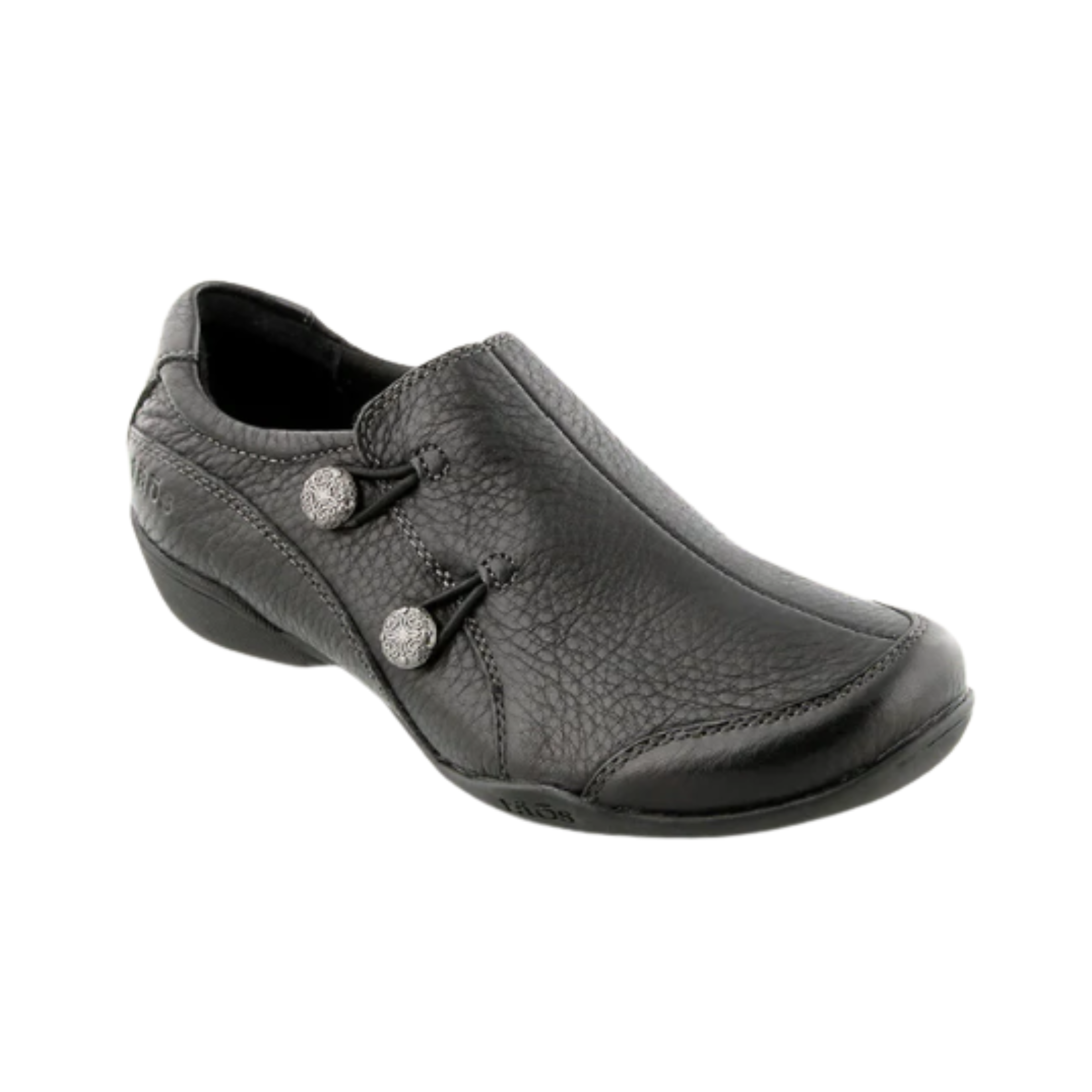 Angled View of Women’s Taos Encore in Black – Featuring a cushioned footbed for all-day comfort, providing support and softness with each step.