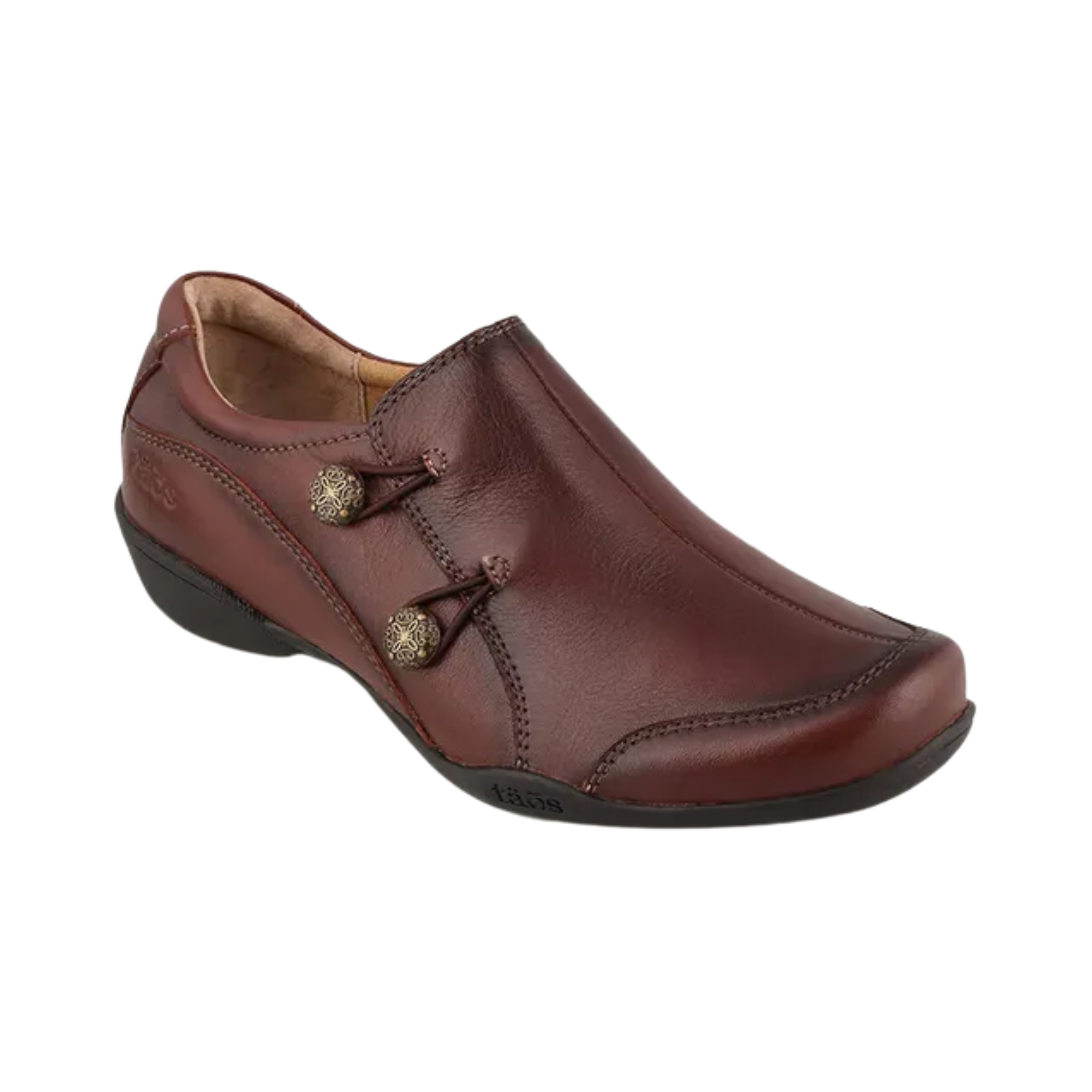 Angled View of Women’s Taos Encore in Whiskey – Featuring a cushioned footbed for long-lasting comfort, providing both softness and arch support.