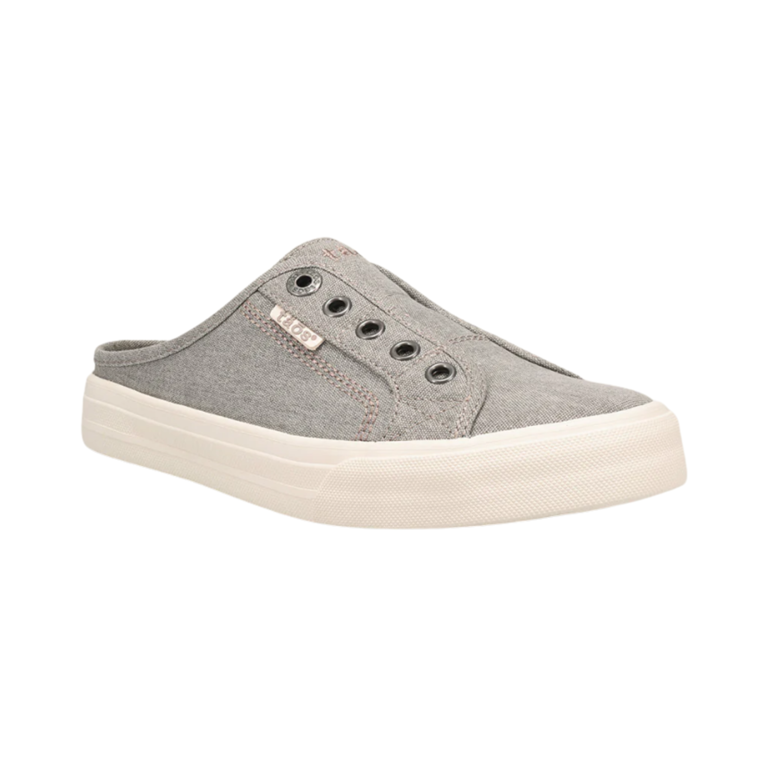 Side view of Women’s Taos Ez Soul in Grey Wash – Featuring a breathable canvas upper, cushioned footbed for all-day comfort, and a flexible rubber outsole for added traction.