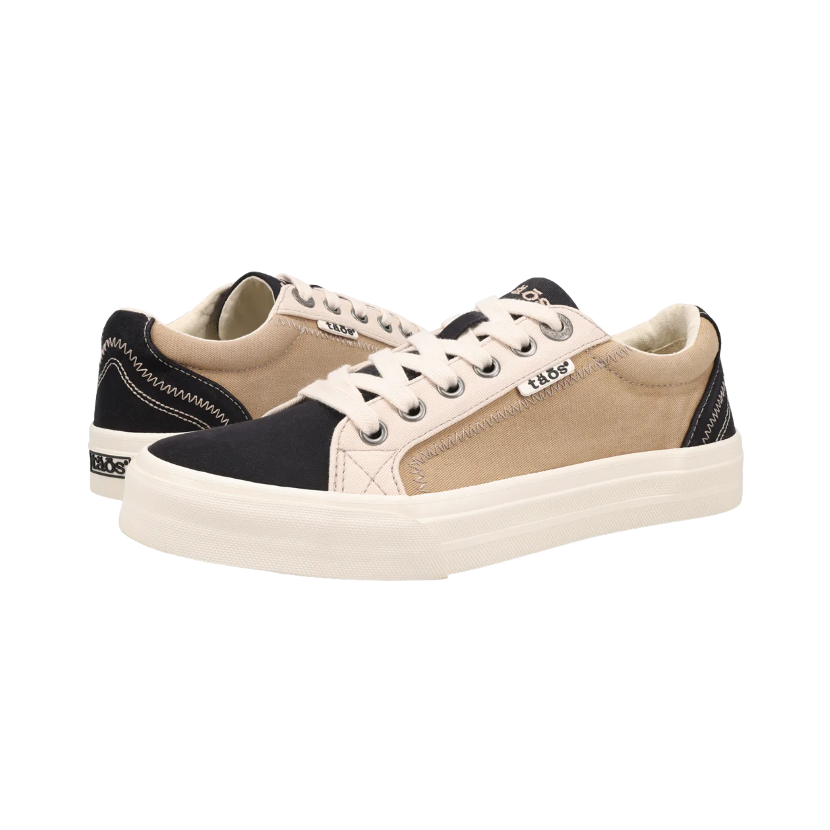 Angled View of Women’s Taos Plim Soul in Black/Tan Multi – Featuring a cushioned footbed with arch support, providing all-day comfort for active wear.