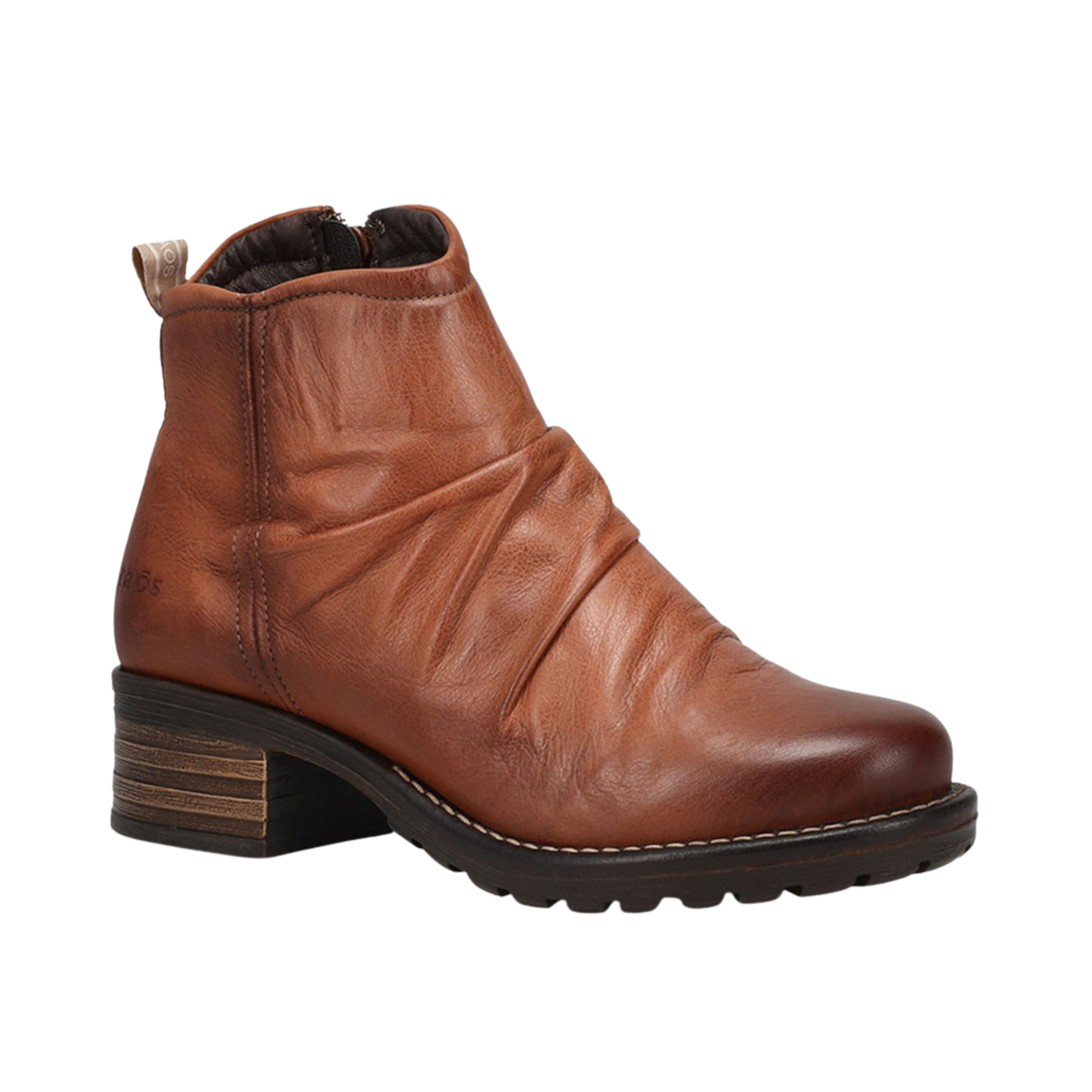 Side view of Women’s Taos Ravelle in Cognac – Featuring a soft leather upper, adjustable strap for a secure fit, and a cushioned footbed for all-day comfort.
