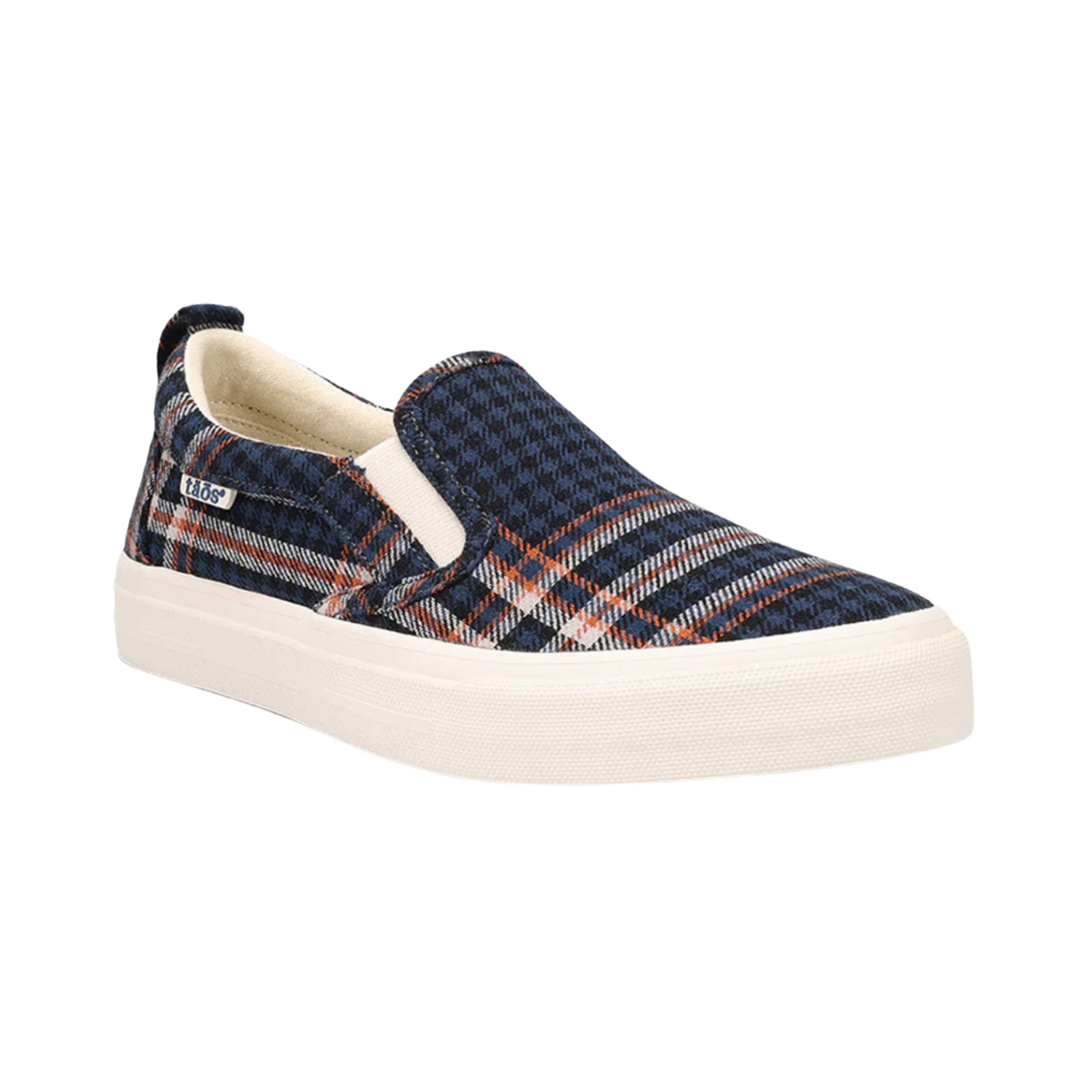 Side view of Women’s Taos Rubber Soul in Blue Plaid – Featuring a vibrant plaid fabric upper, cushioned footbed for comfort, and a flexible rubber outsole for support and traction.