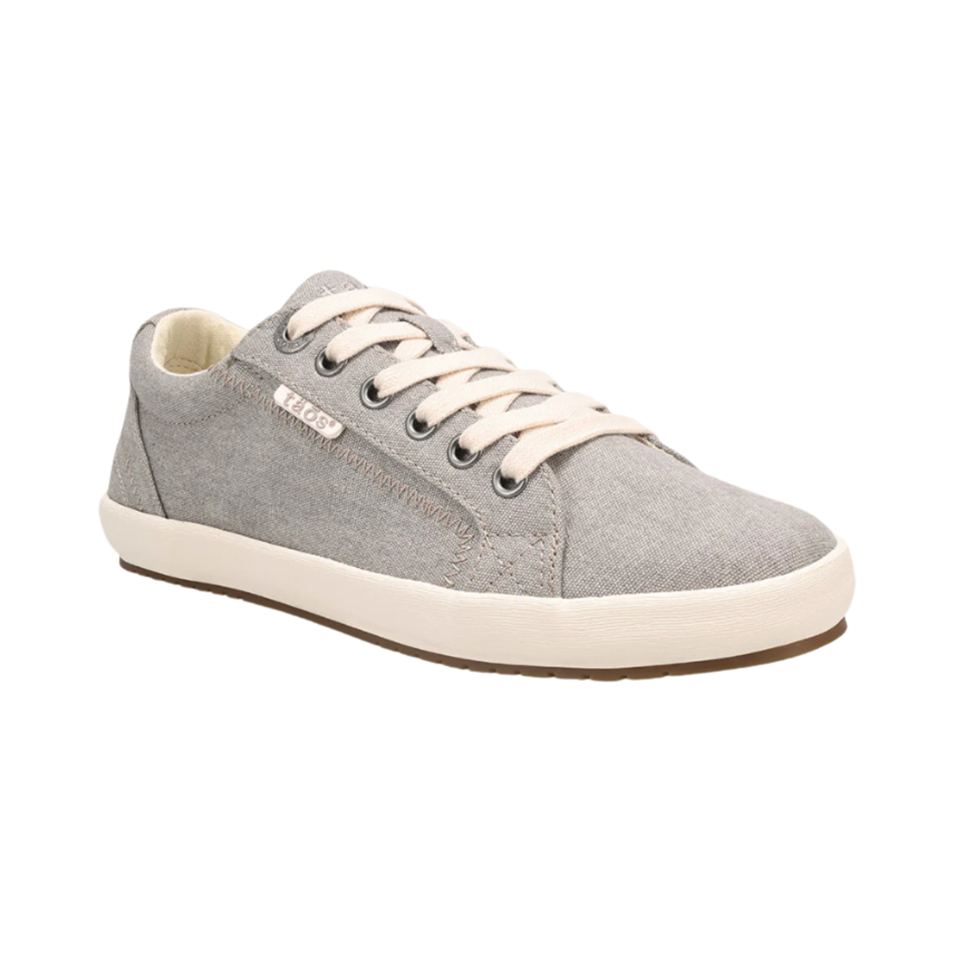 Side view of Women’s Taos Star in Grey Wash Canvas – Featuring a breathable canvas upper, cushioned footbed for all-day comfort, and a flexible rubber outsole for added support and durability.