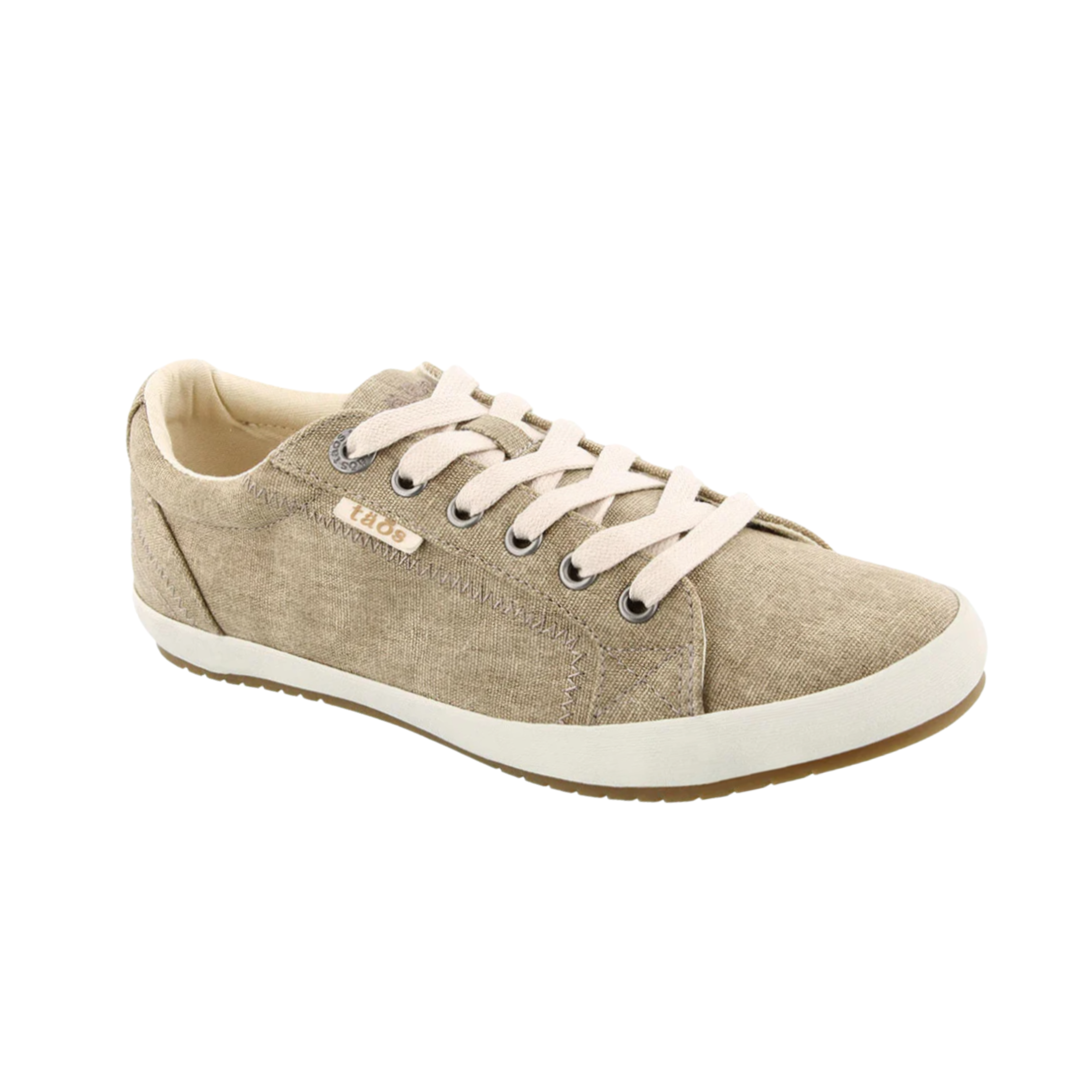 Side view of Women’s Taos Star in Khaki Wash Canvas – Featuring a soft, breathable canvas upper, adjustable strap for a customized fit, and a cushioned footbed for all-day comfort.
