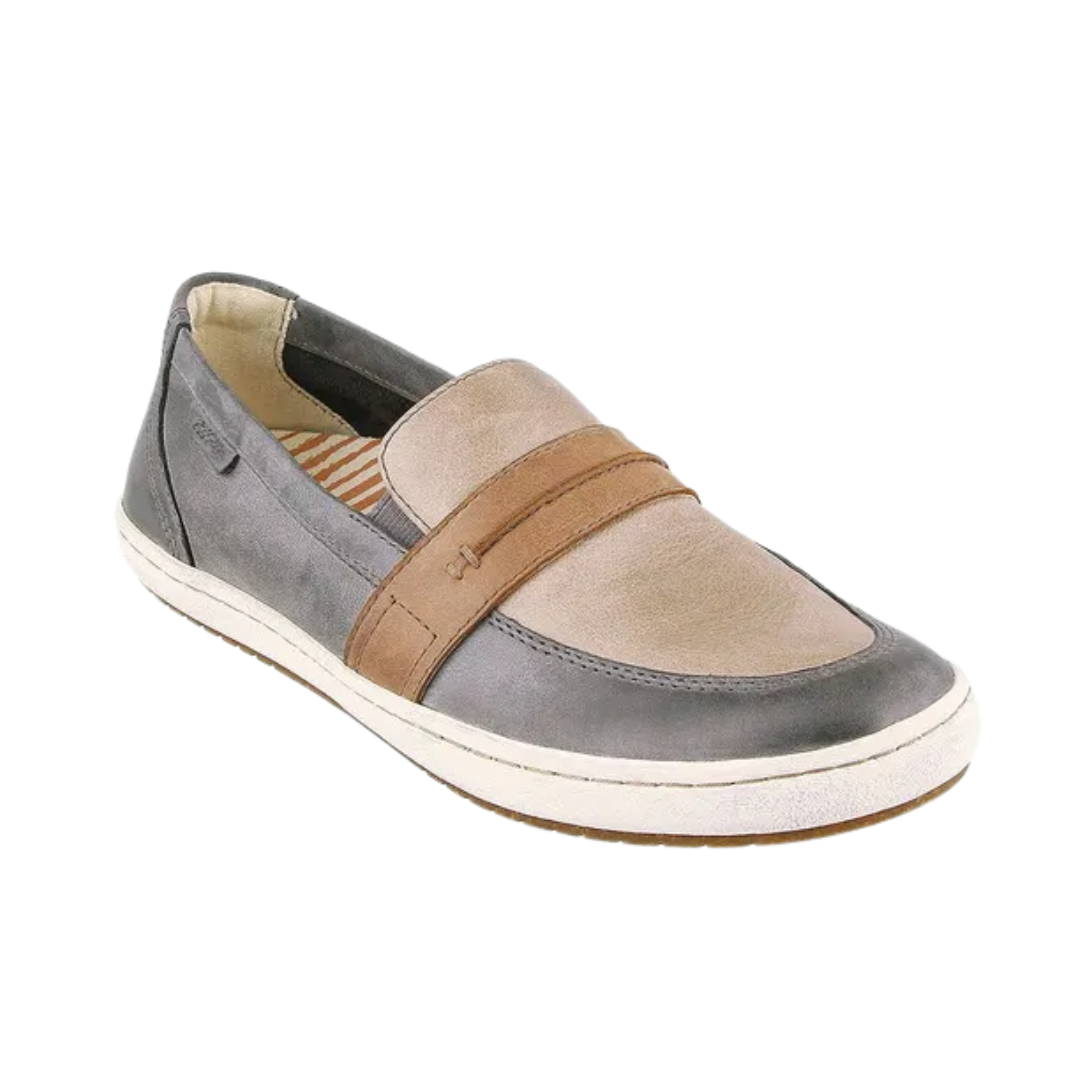 Angled View of Women’s Taos Upward in Steel Taupe Multi – Featuring a cushioned footbed with arch support and a padded heel for extra comfort on long walks.