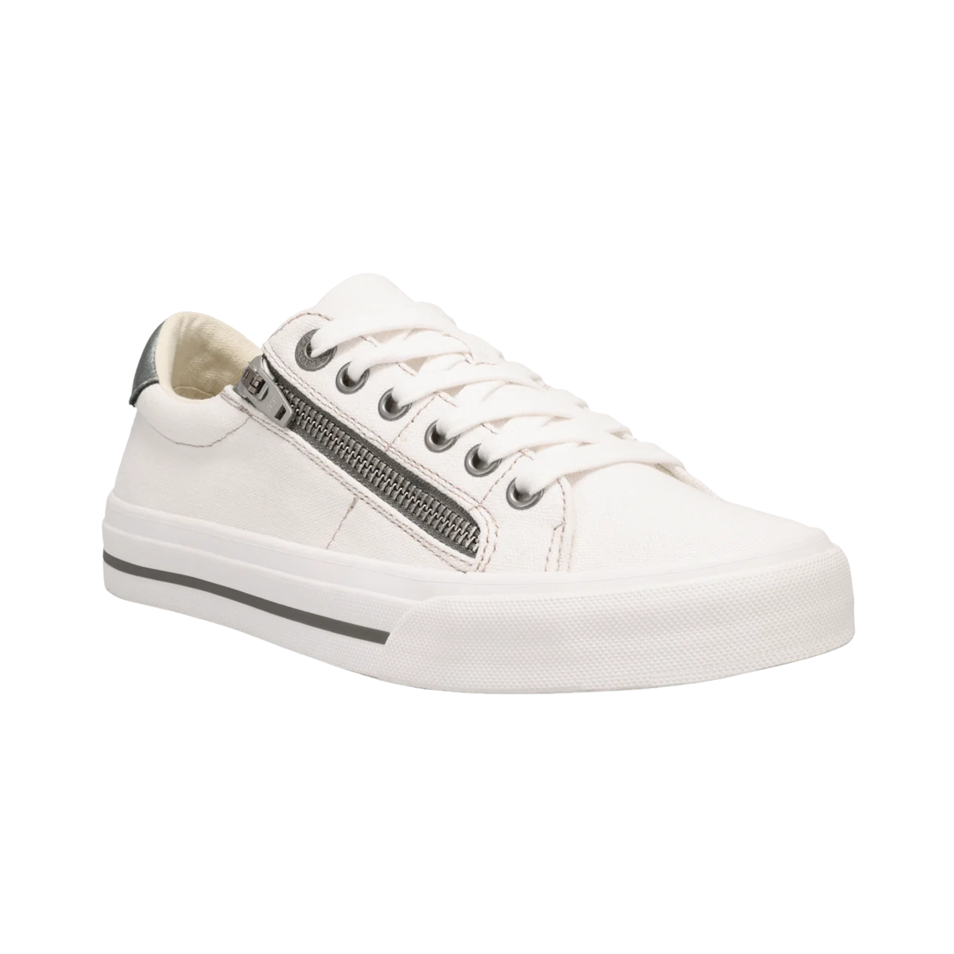 Side view of Women’s Taos Z-Soul in White/Pewter – Featuring a soft leather upper, adjustable straps for a customized fit, and a cushioned footbed for all-day comfort.