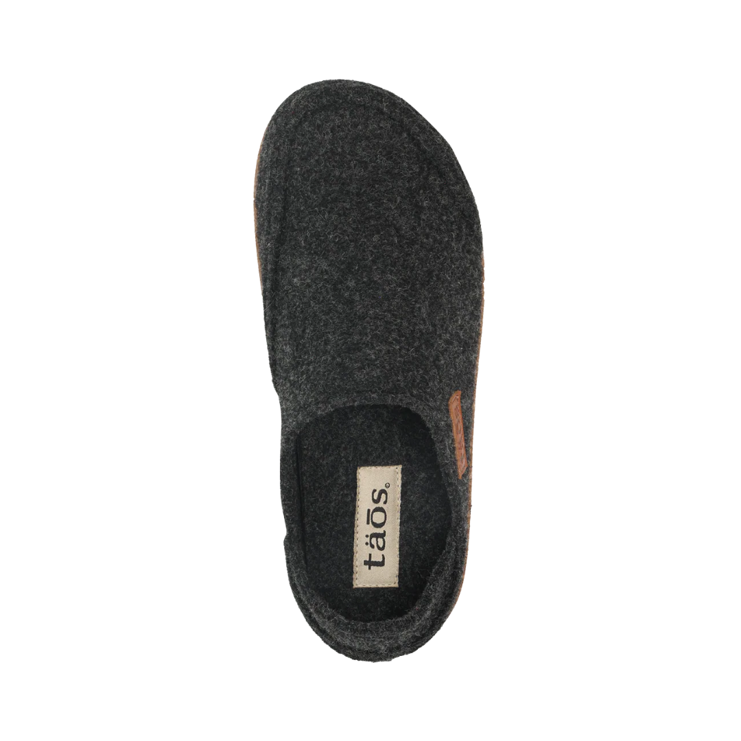 Top View of Men’s Taos Convertawool Shoe in Charcoal – featuring a soft wool upper, removable contoured footbed with arch support, and slip-on convertible design for versatile indoor and outdoor comfort.