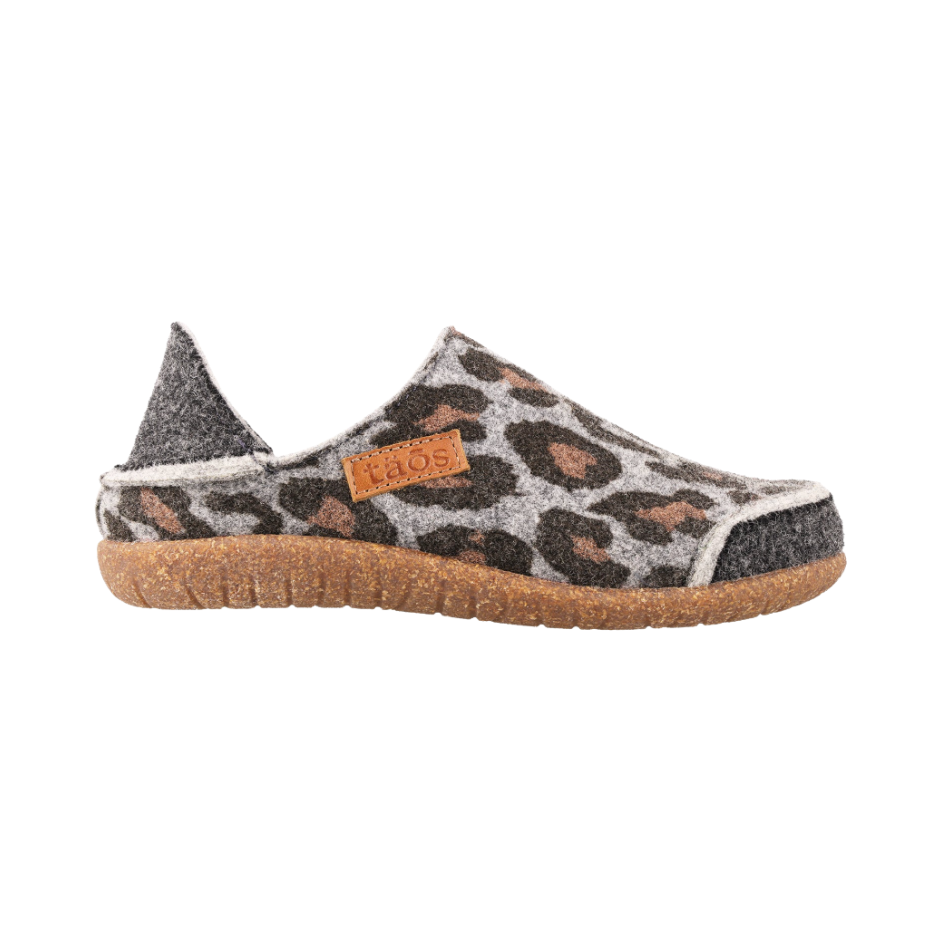 Side View of Women's Taos Convertawool in Charcoal Leopard Wool – Featuring a convenient slip-on design with elastic side panels for an easy and secure fit, perfect for quick wear and added comfort.