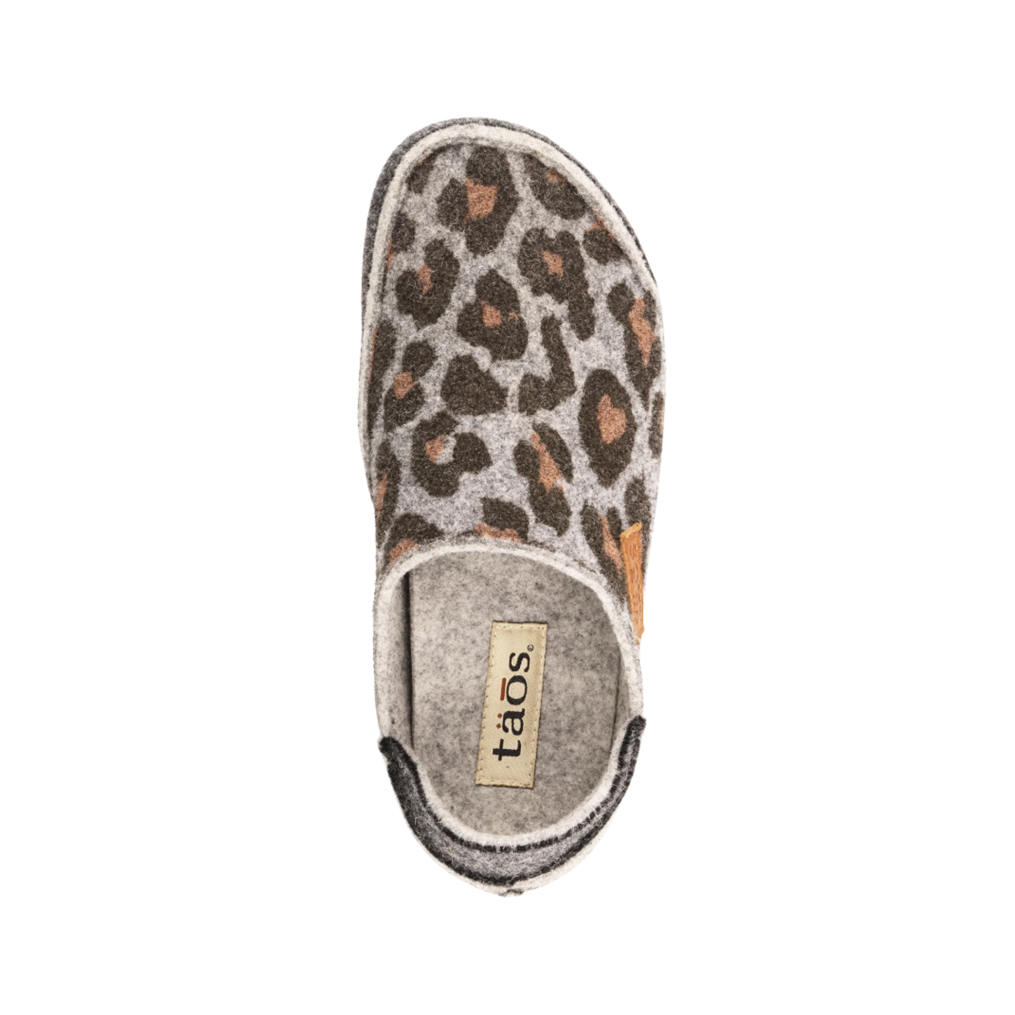 Top View of Women's Taos Convertawool in Charcoal Leopard Wool – Featuring a stylish charcoal leopard-patterned wool upper, offering a unique blend of warmth, texture, and fashion-forward design.