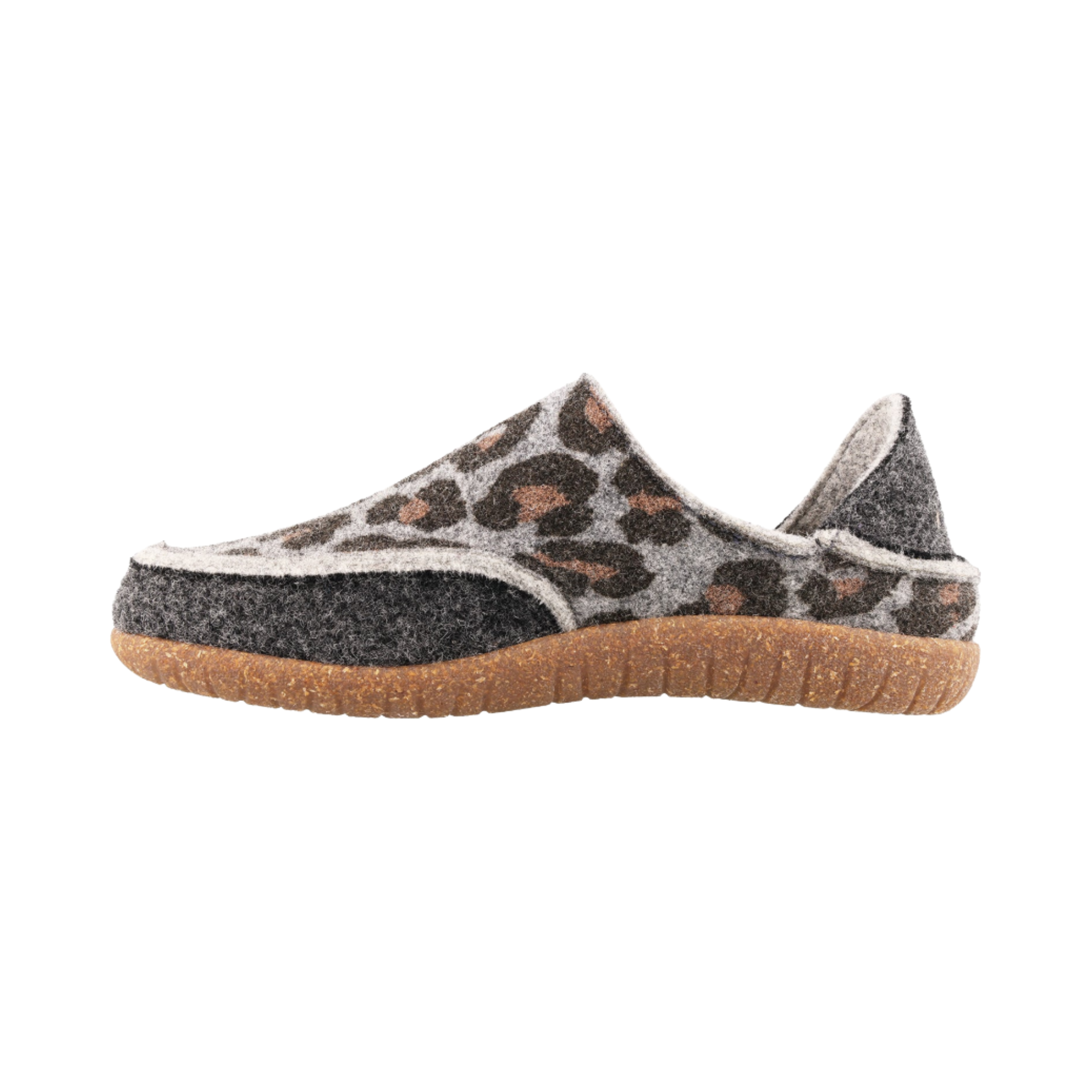 Side View of Women's Taos Convertawool in Charcoal Leopard Wool – Featuring a convenient slip-on design with elastic side panels for an easy and secure fit, perfect for quick wear and added comfort.