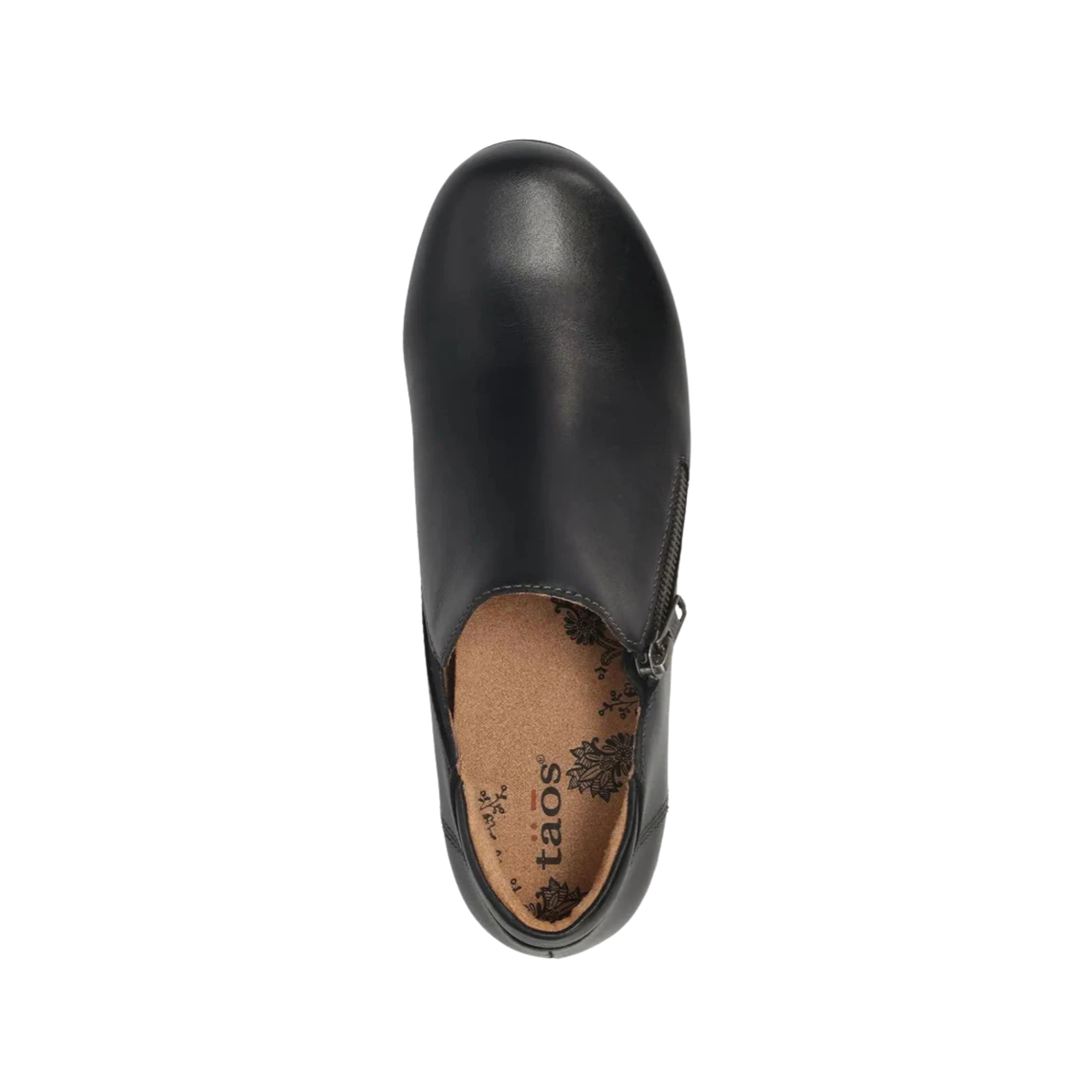 Top View of Women’s Taos Daily Shoe in Black – Features include a full-grain leather upper, supportive footbed, and a sleek everyday silhouette.