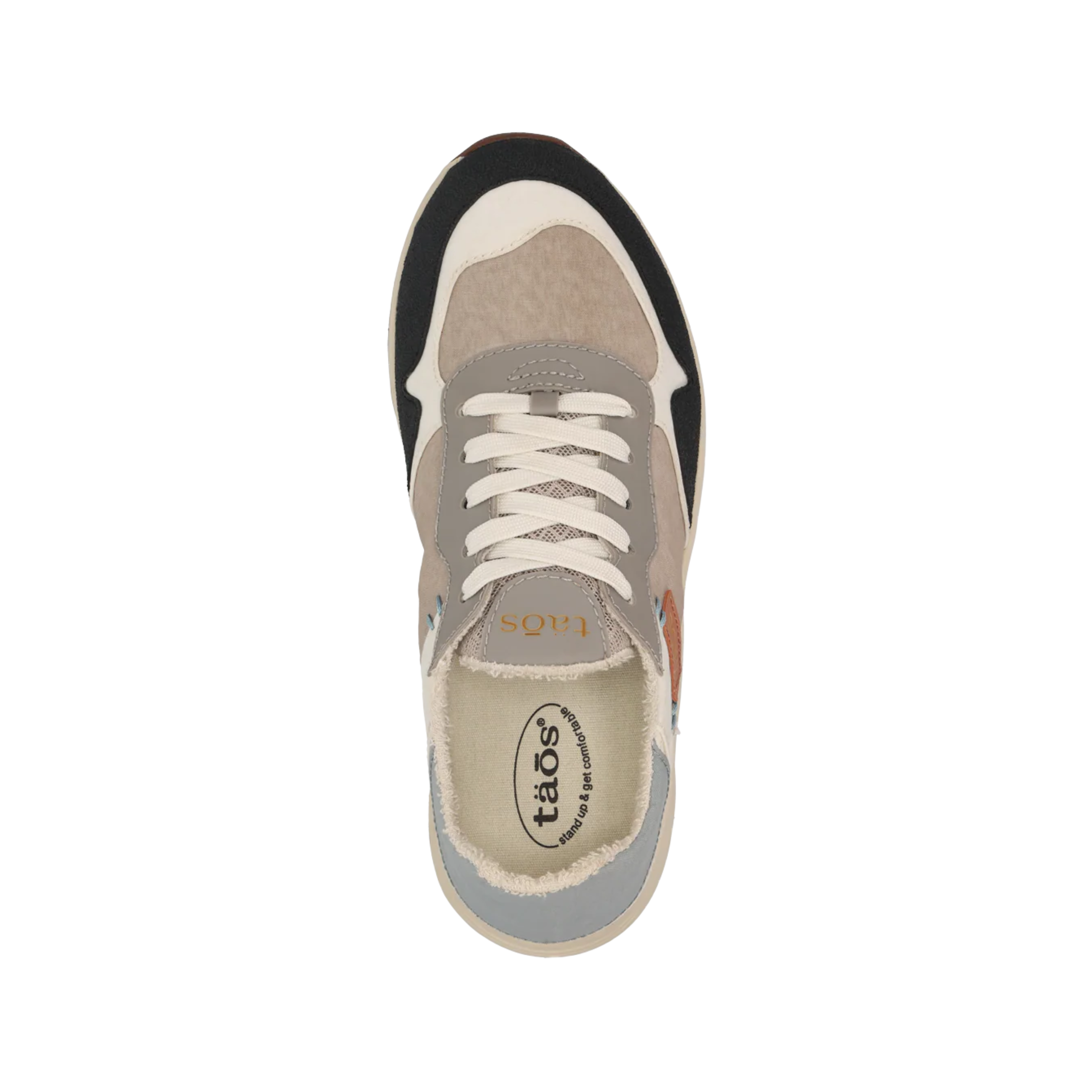 Top View of Women’s Taos Direction Shoe in Grey Cloud Multi – Features include a breathable mesh upper, supportive footbed, and modern color-blocked design.