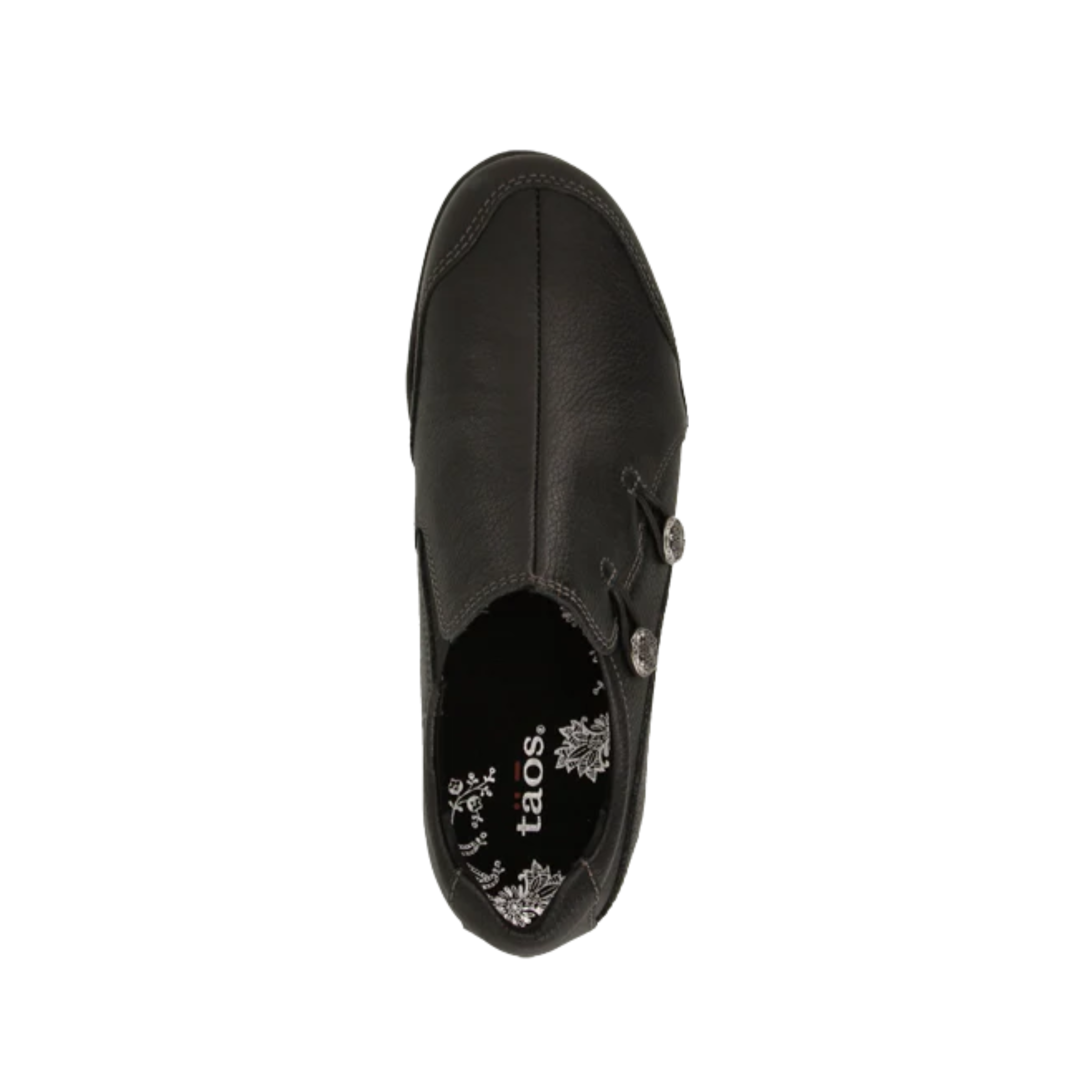 Top View of Women’s Taos Encore Shoe in Black – Features include a smooth leather upper, cushioned insole, and a roomy toe box for all-day ease and comfort.