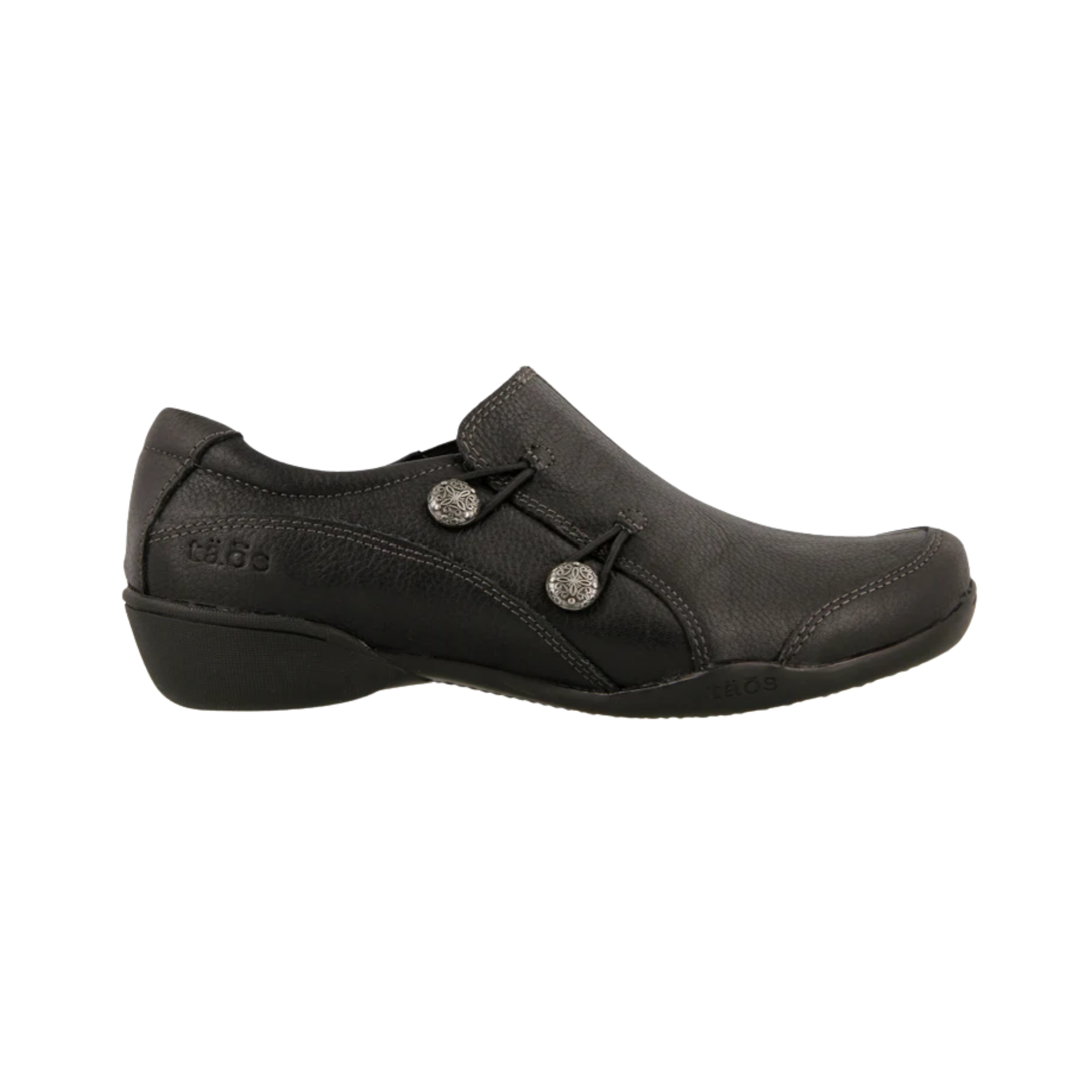 Side View of Women’s Taos Encore Shoe in Black – Features include a low-profile design, premium black leather, and supportive sole ideal for daily wear.