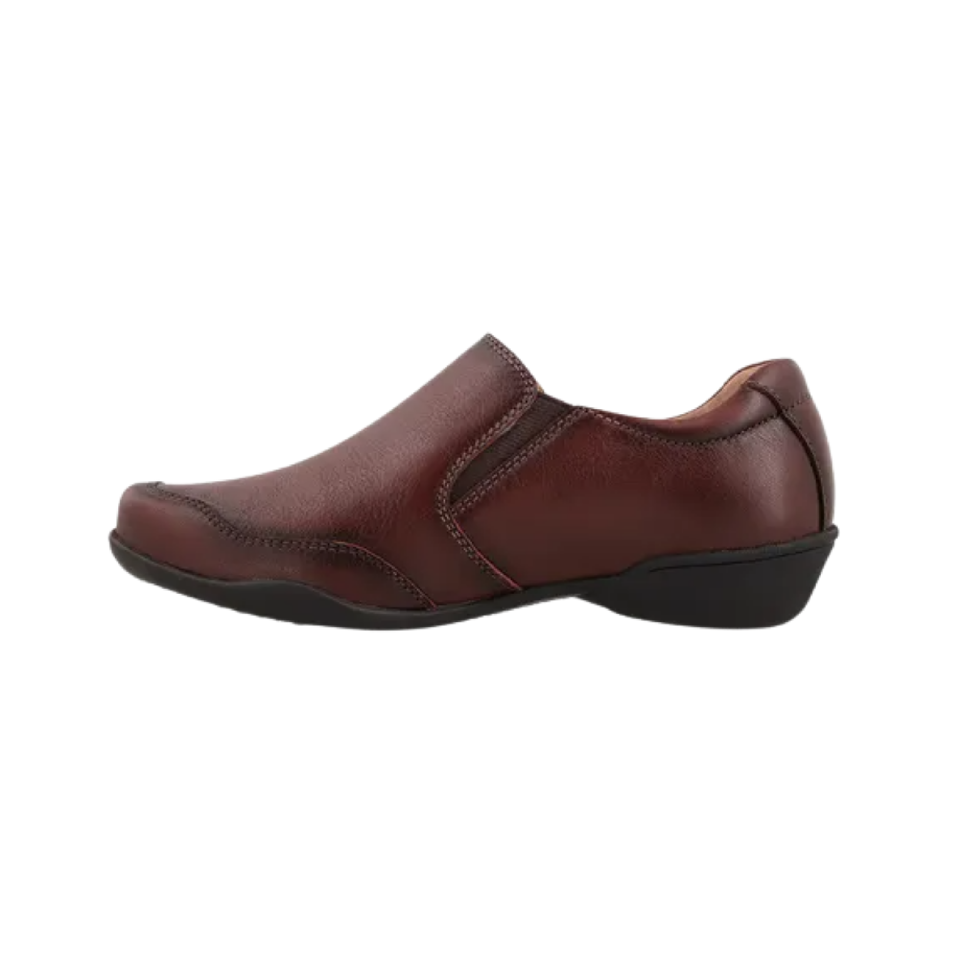 Side View of Women’s Taos Encore Shoe in Whiskey – Features include a sleek silhouette, rich whiskey leather, and supportive sole with decorative side stitching.