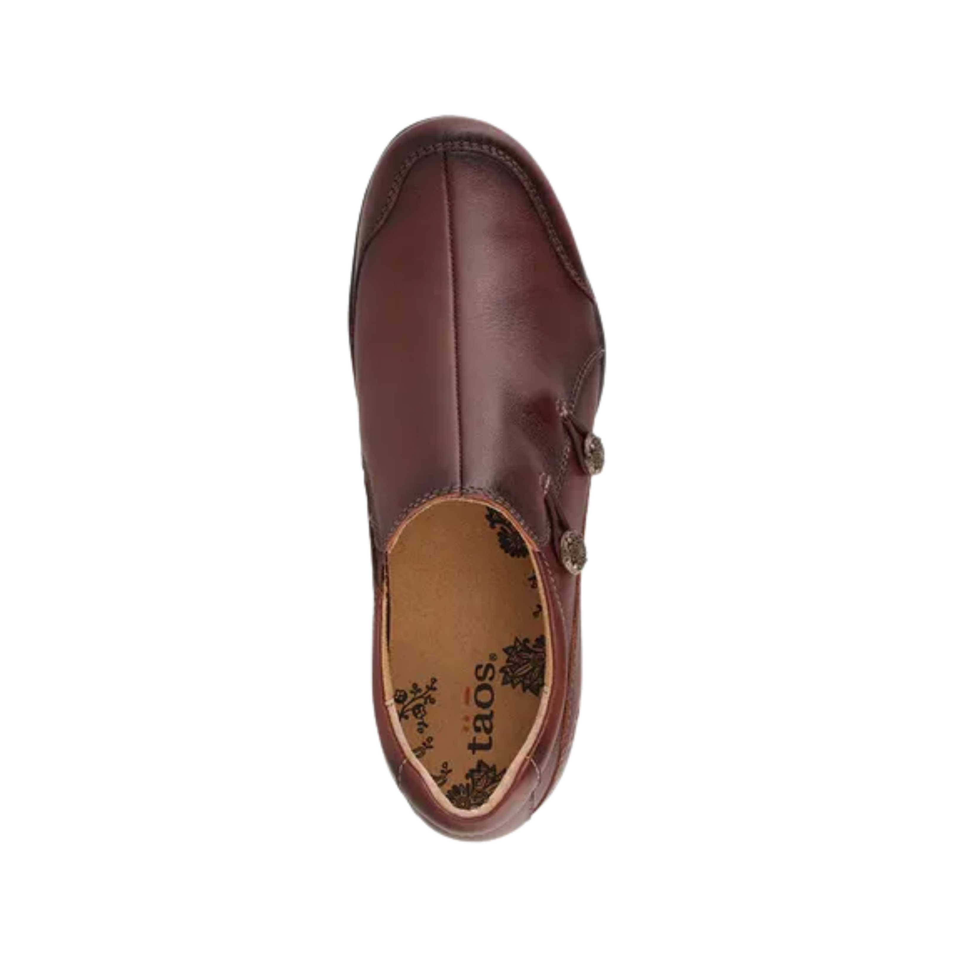 Top View of Women’s Taos Encore Shoe in Whiskey – Features include a full-grain leather upper, cushioned footbed, and easy slip-on silhouette for everyday convenience.