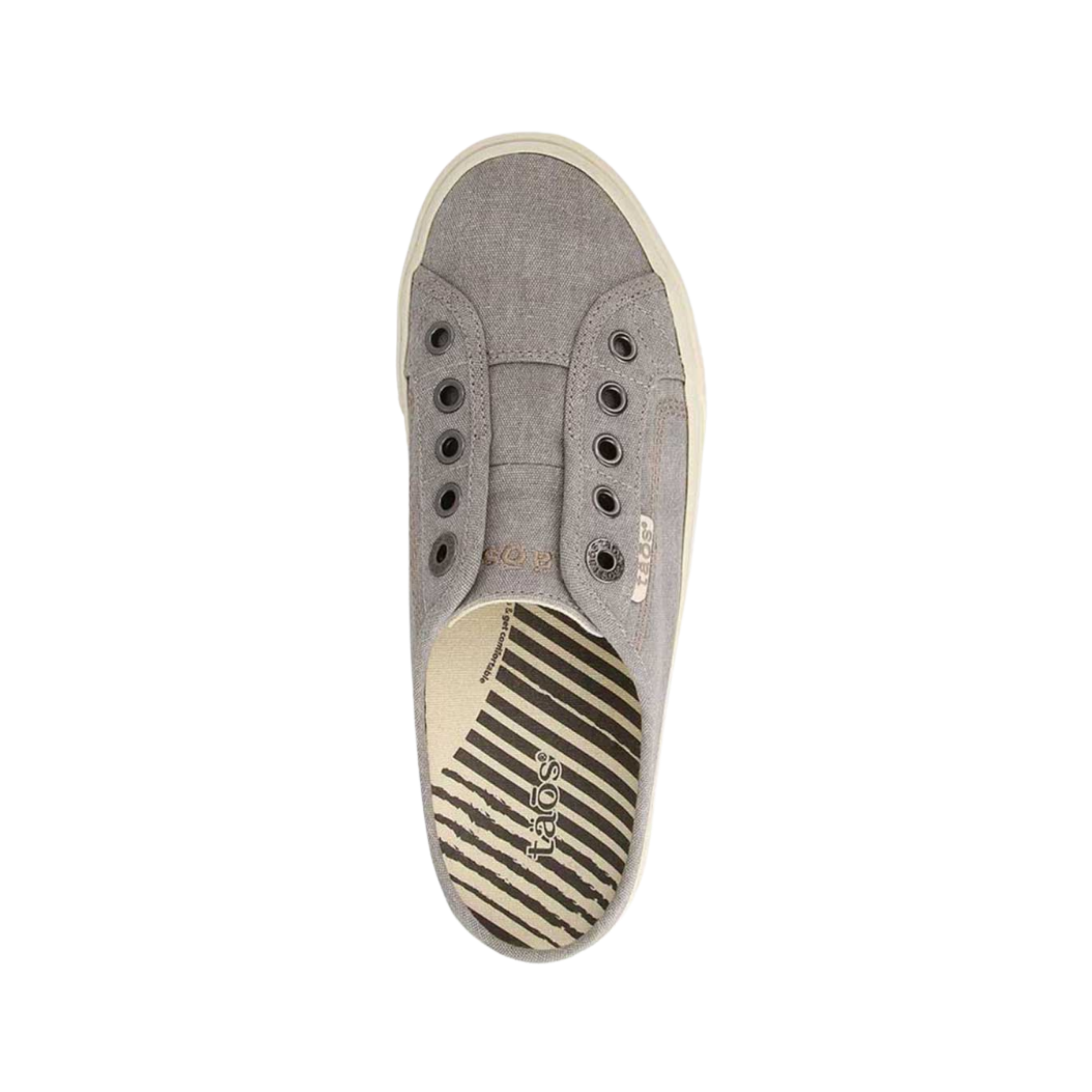 Top View of Women's Taos Ez Soul in Grey Wash – Featuring a slip-on design with a soft, grey wash fabric upper, combining comfort and style for casual, everyday wear.