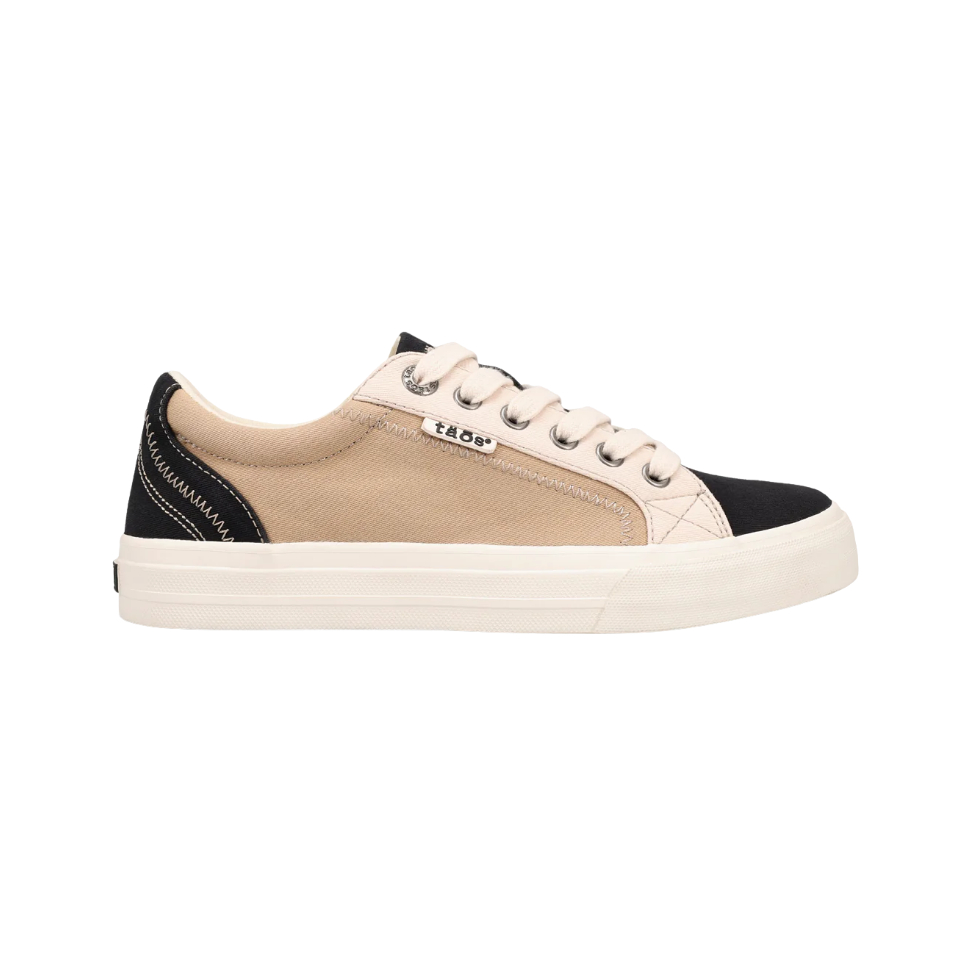 Side View of Women’s Taos Plim Soul Shoe in Black Tan Multi – Features include a classic lace-up closure, sturdy rubber sole, and stylish contrast stitching that gives it a casual yet modern look.