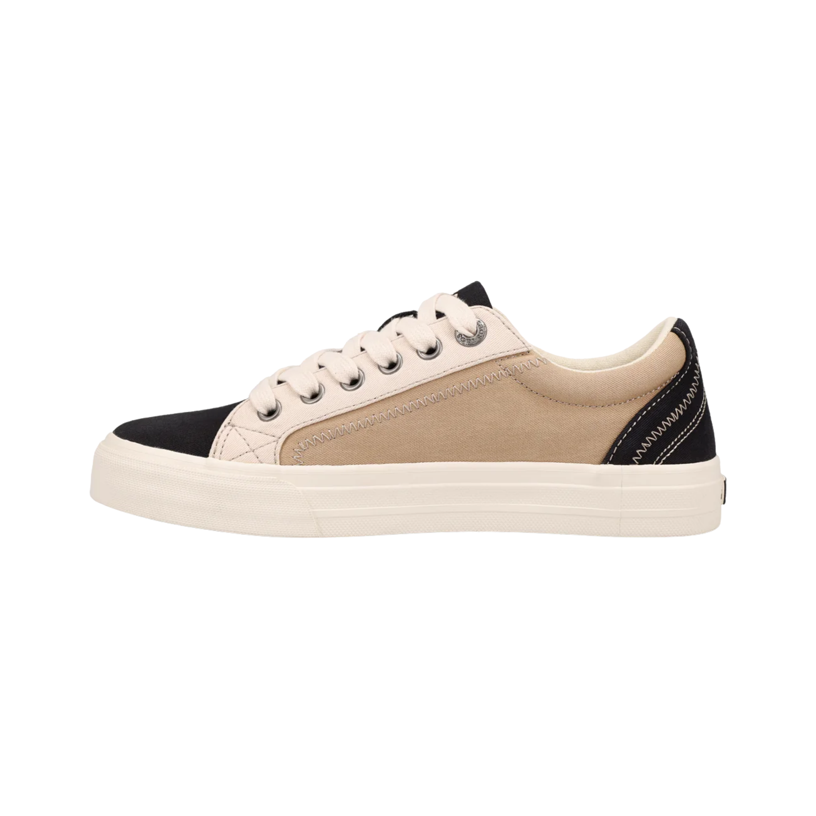 Side View of Women’s Taos Plim Soul Shoe in Black Tan Multi – Features include a classic lace-up design, thick rubber outsole for support, and stylish contrast stitching.