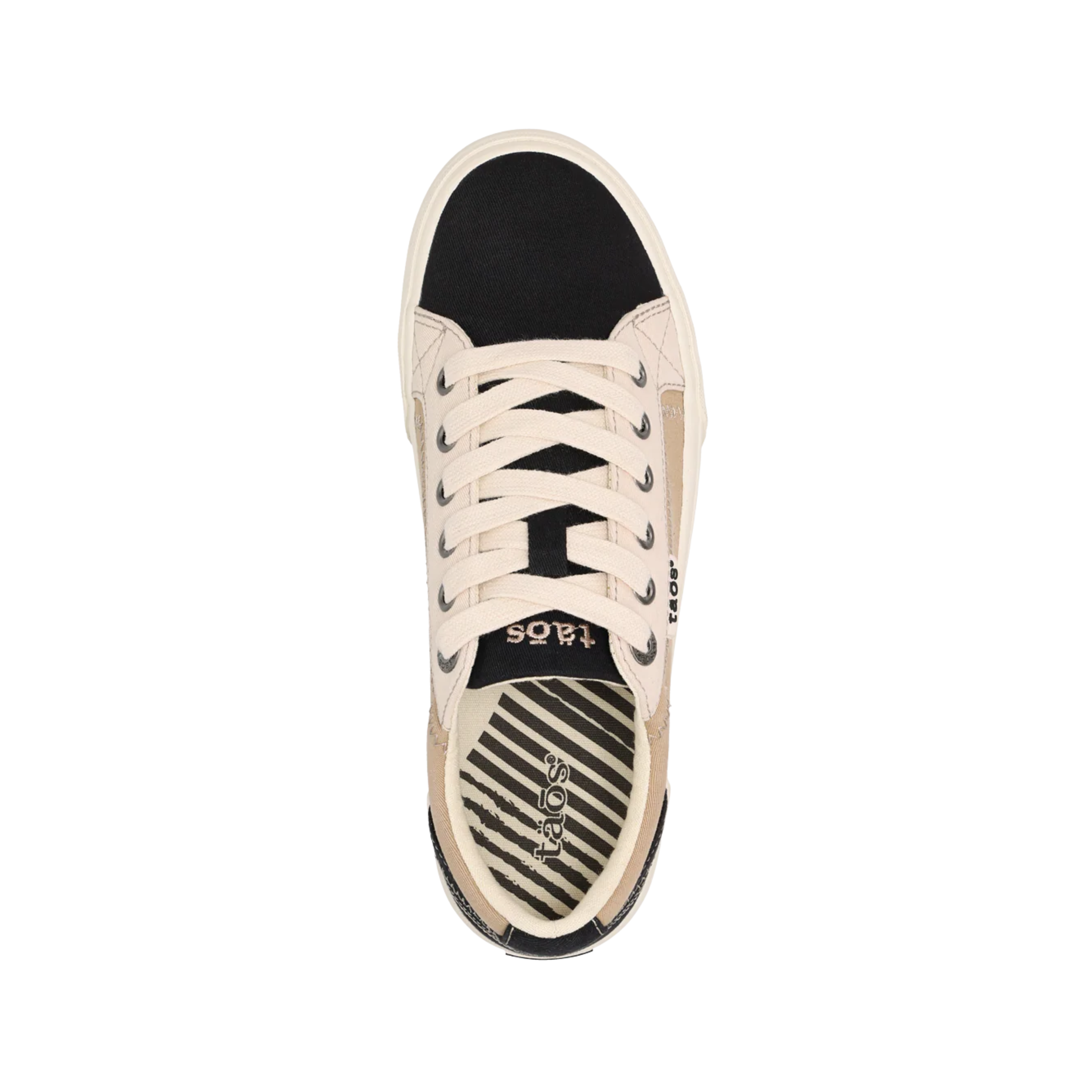 Top View of Women’s Taos Plim Soul Shoe in Black Tan Multi – Features include a canvas upper with multicolor accents, cushioned collar, and contoured footbed for all-day comfort.