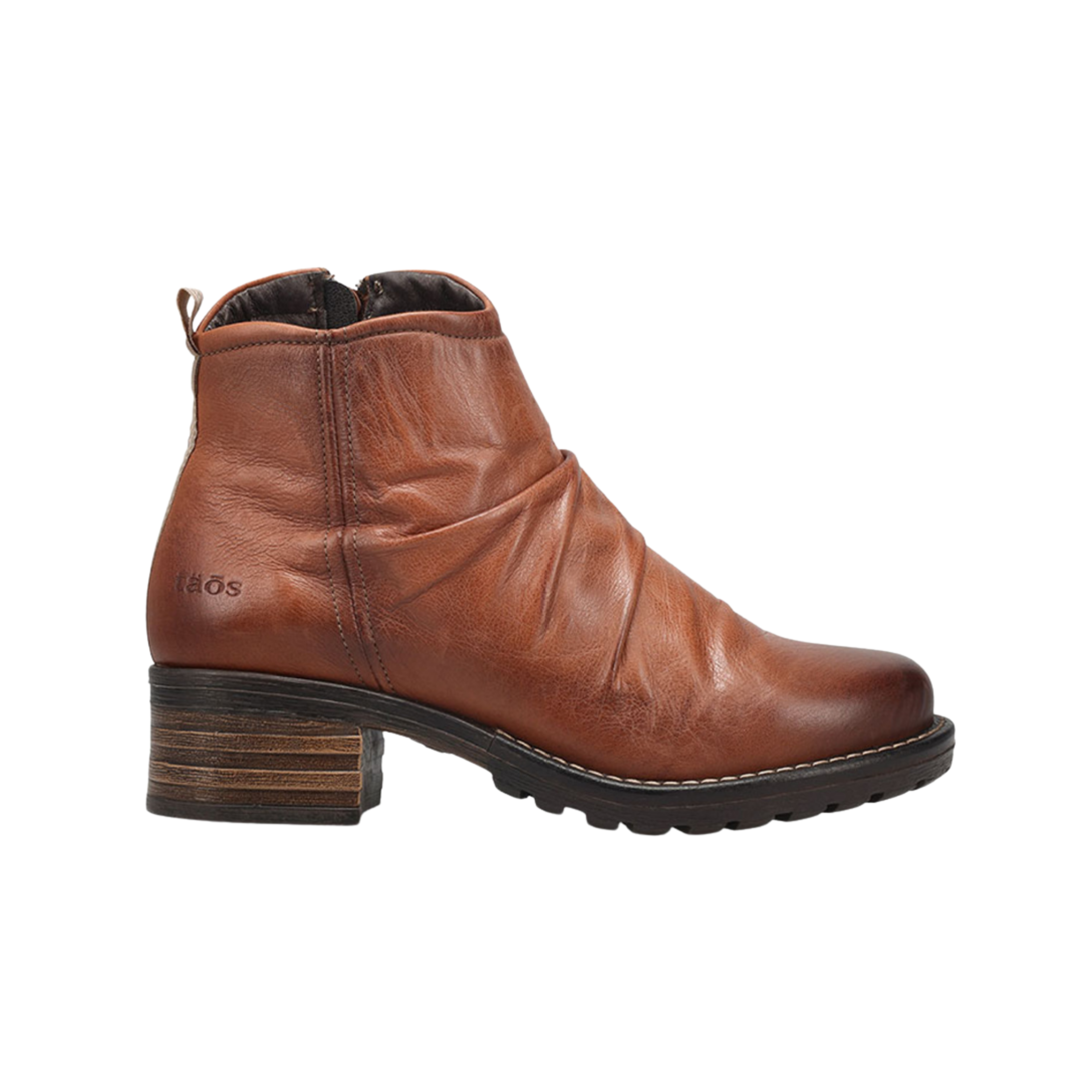 Side View of Women's Taos Ravelle in Cognac – Featuring a classic ankle-strap design with a buckle closure for an adjustable and secure fit.