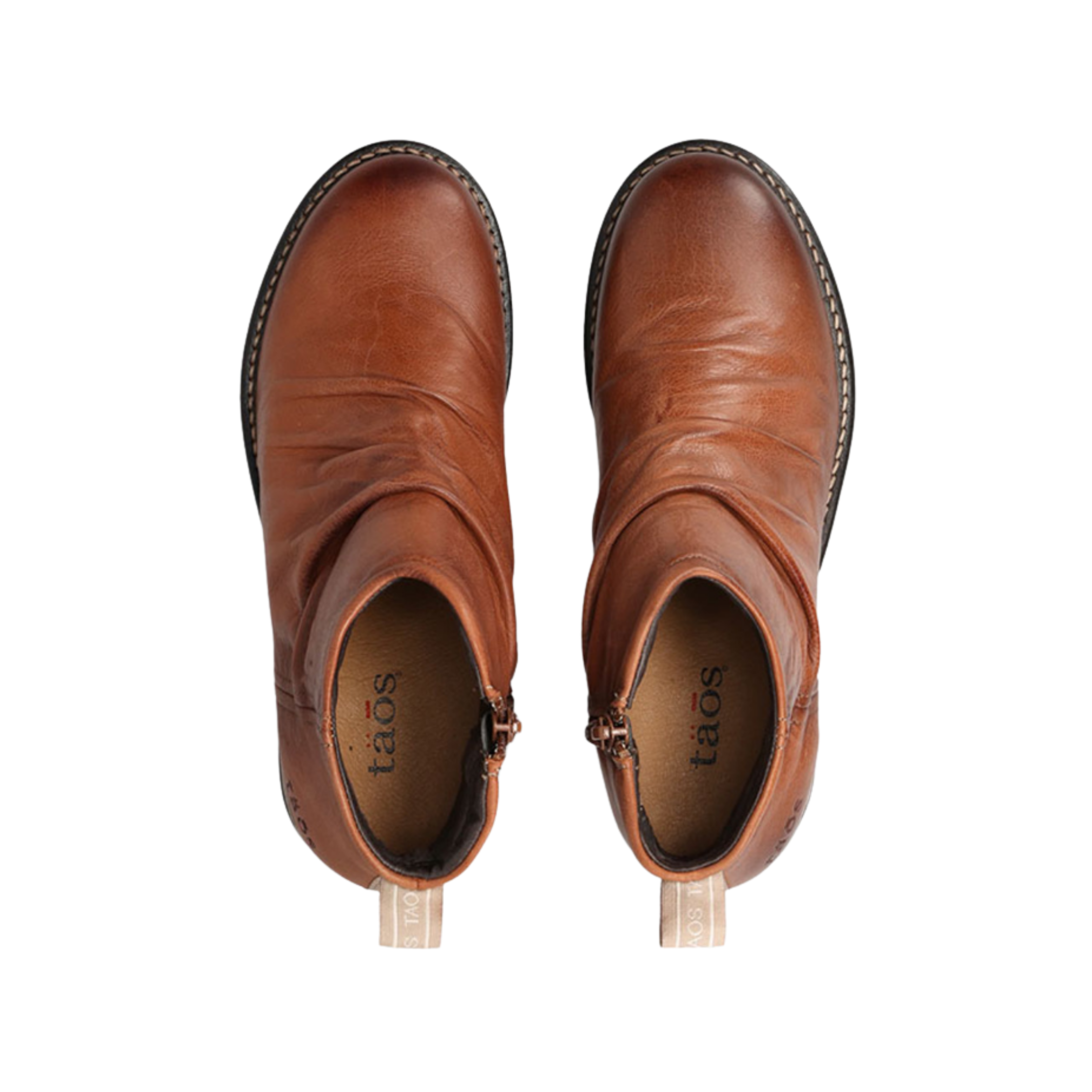 Top View of Women's Taos Ravelle in Cognac – Featuring a smooth, cognac-colored leather upper with detailed stitching for a sophisticated look.