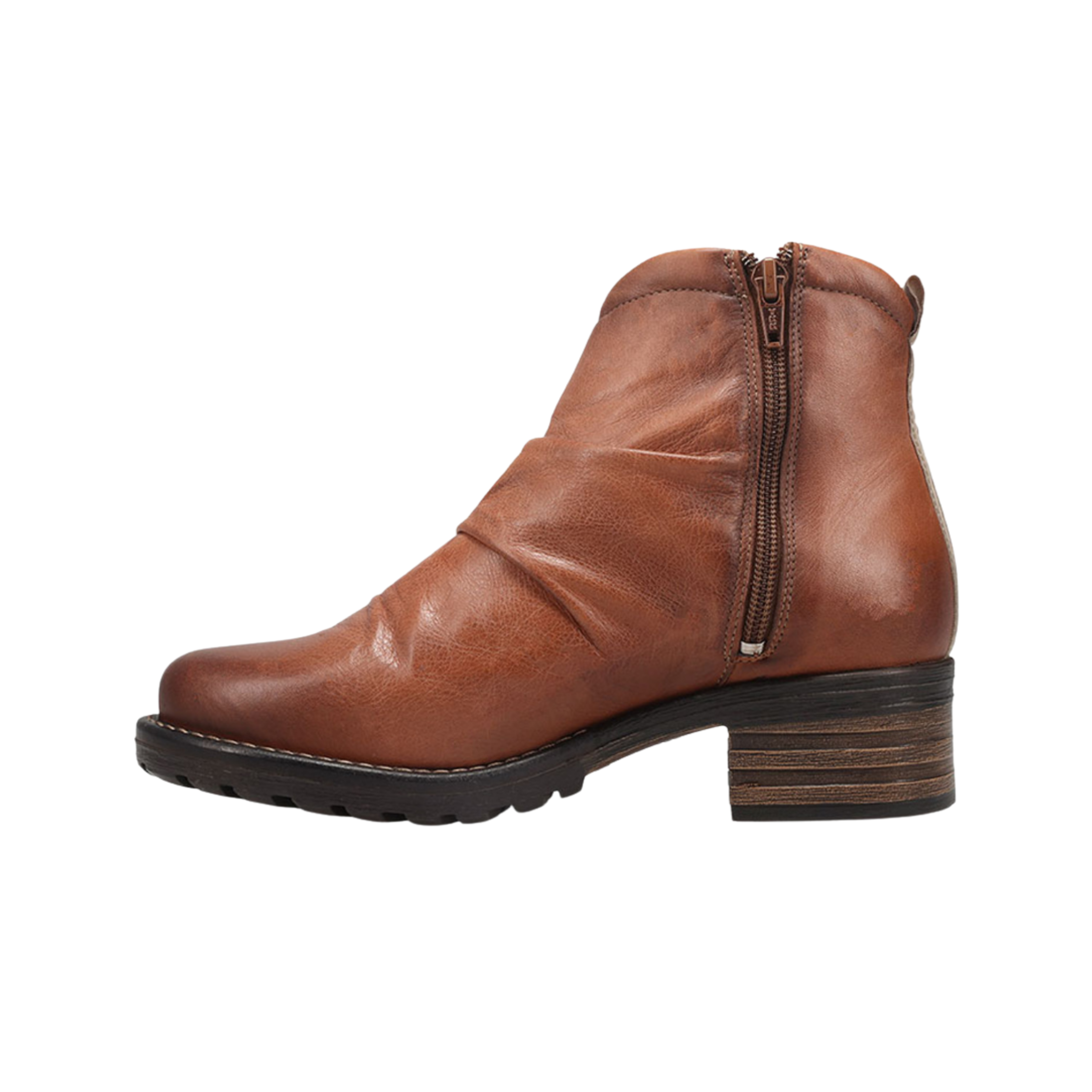 Side View of Women's Taos Ravelle in Cognac – Featuring a classic ankle-strap design with a buckle closure for an adjustable and secure fit.