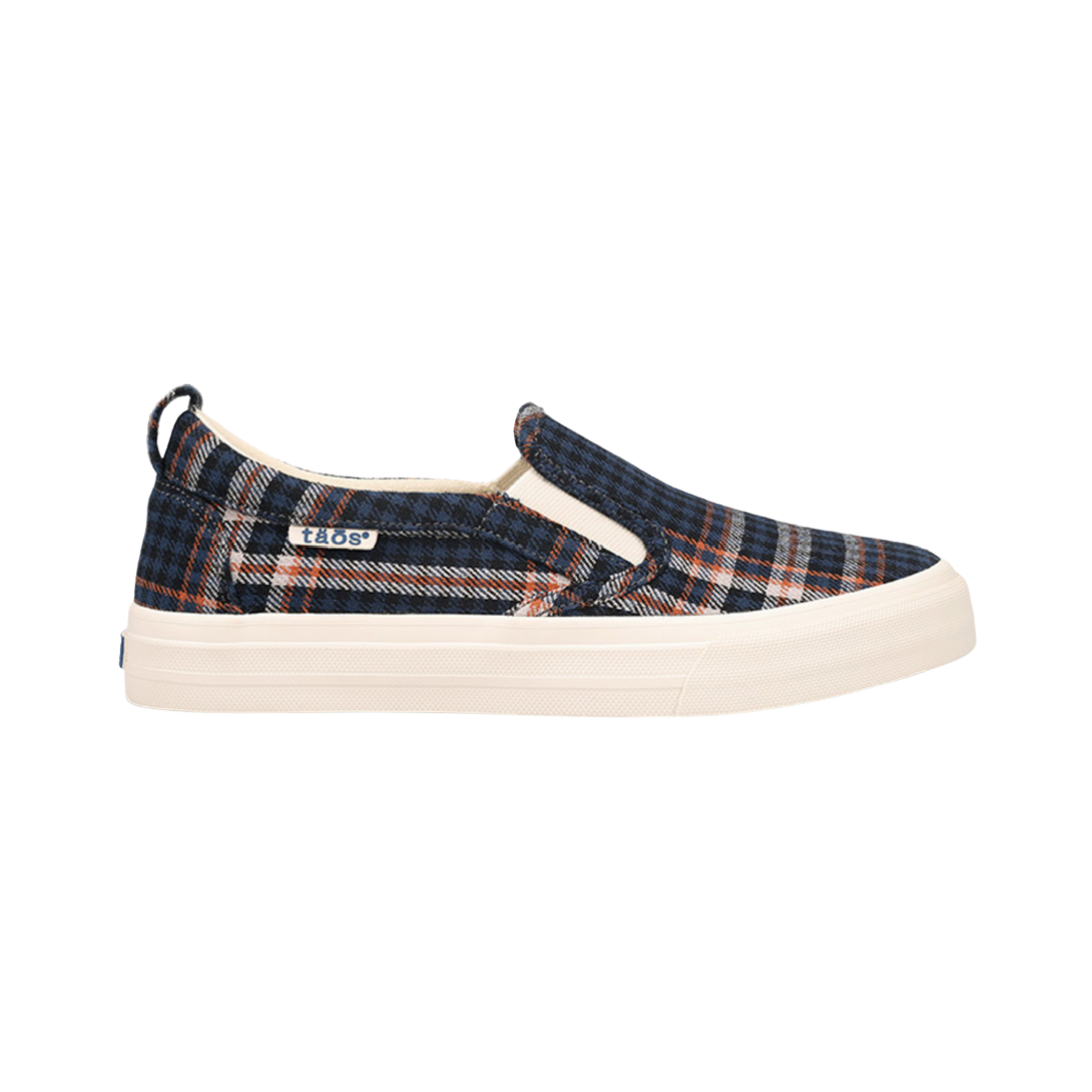 Side View of Women's Taos Rubber Soul in Blue Plaid – Featuring a classic slip-on style with a stretchy gore panel for easy on-and-off wear.