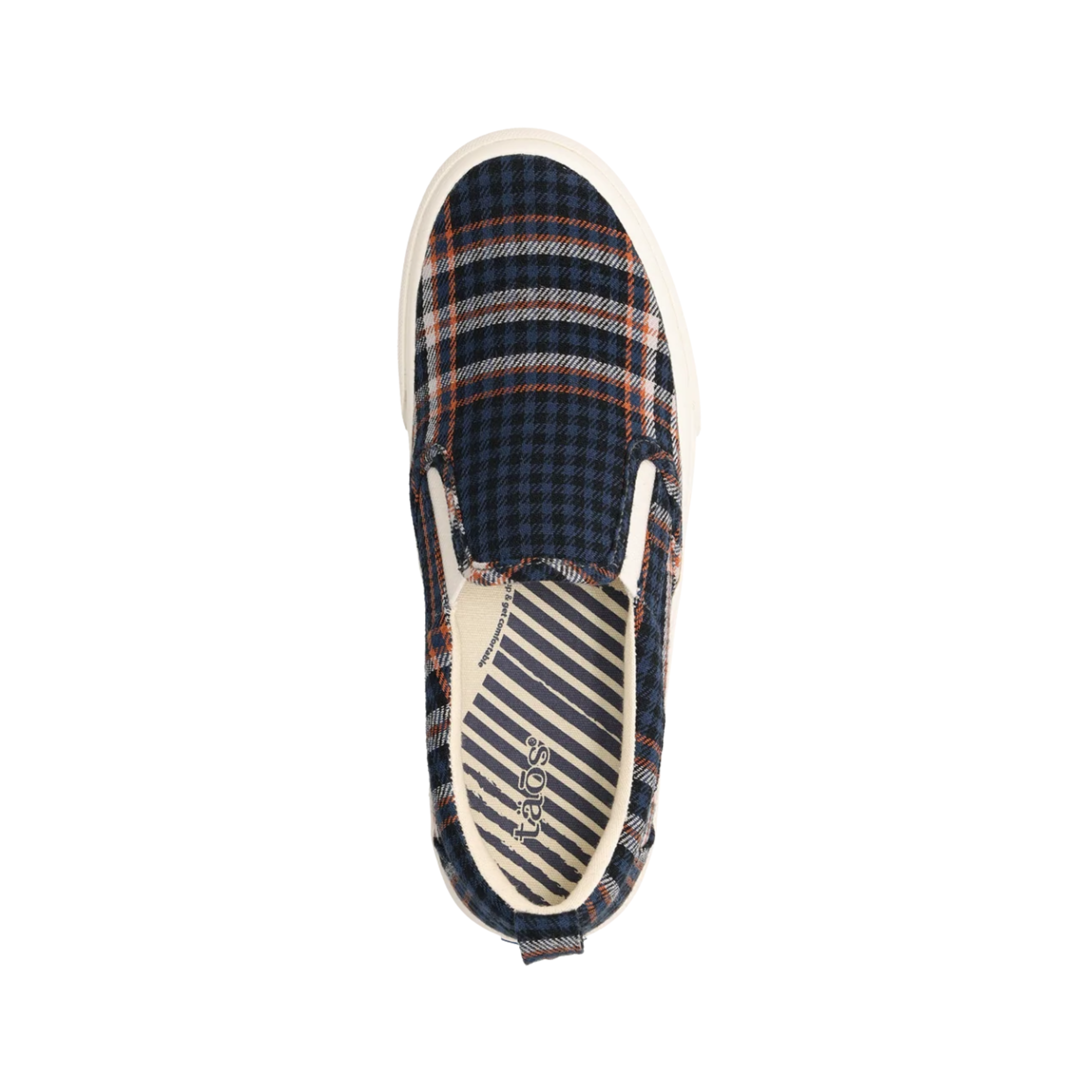 Top View of Women's Taos Rubber Soul in Blue Plaid – Featuring a vibrant blue plaid pattern with a mix of blue, green, and white, offering a casual and fun design.