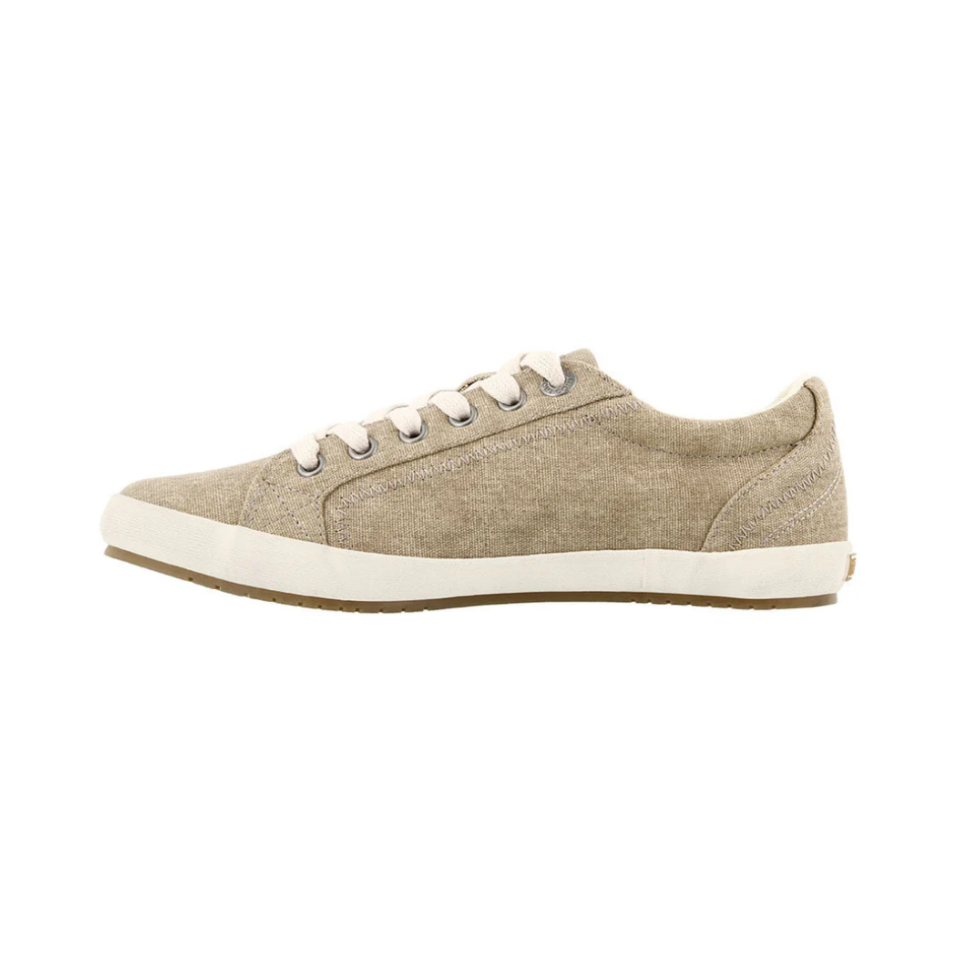 Side View of Women's Taos Star in Khaki Wash Canvas – Featuring a classic low-top design with a soft canvas upper, providing a flexible and casual fit.