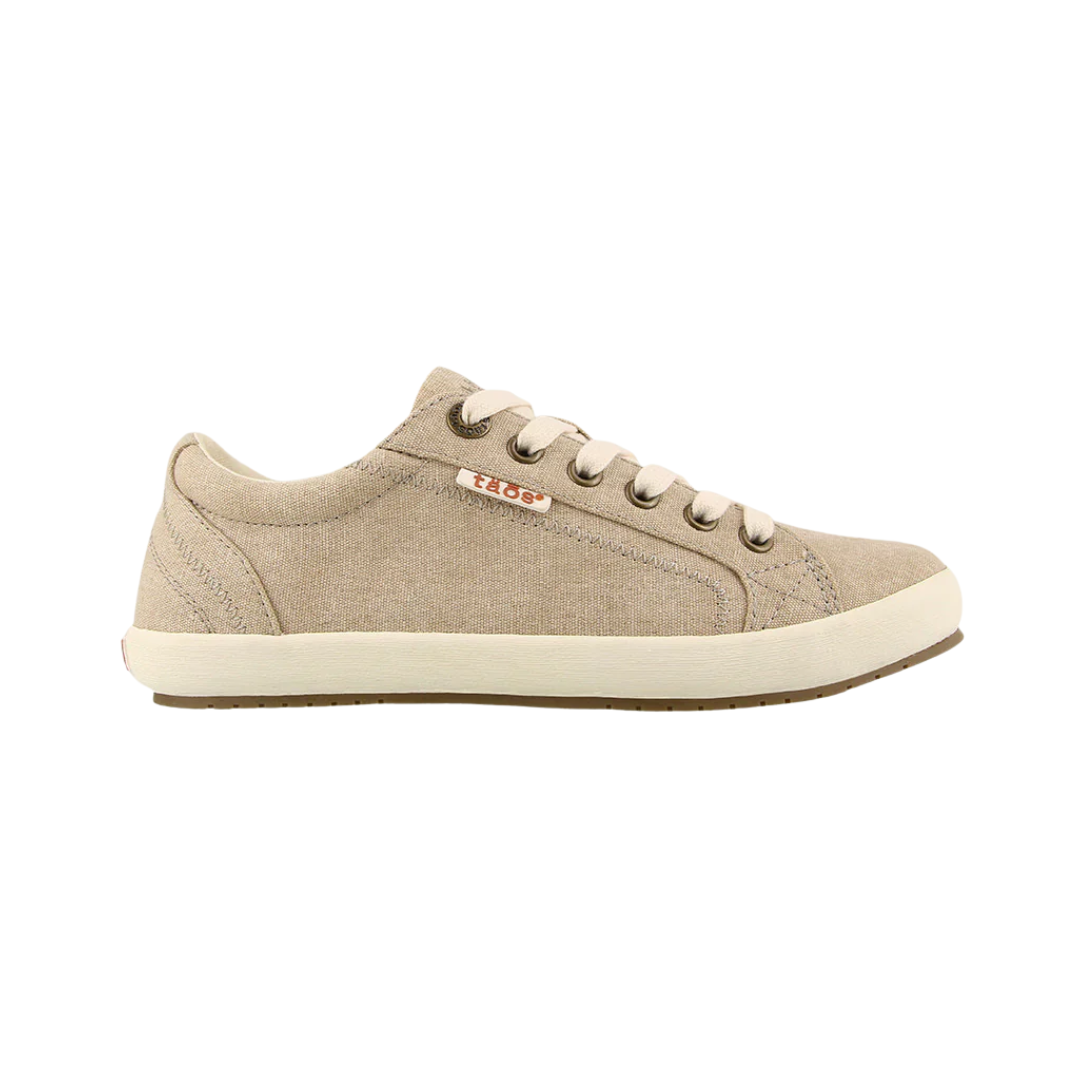 Side View of Women’s Taos Star Sneaker in Khaki Washed Canvas – featuring a low-top casual silhouette, reinforced stitching along the edges, and a supportive midsole for lasting comfort.