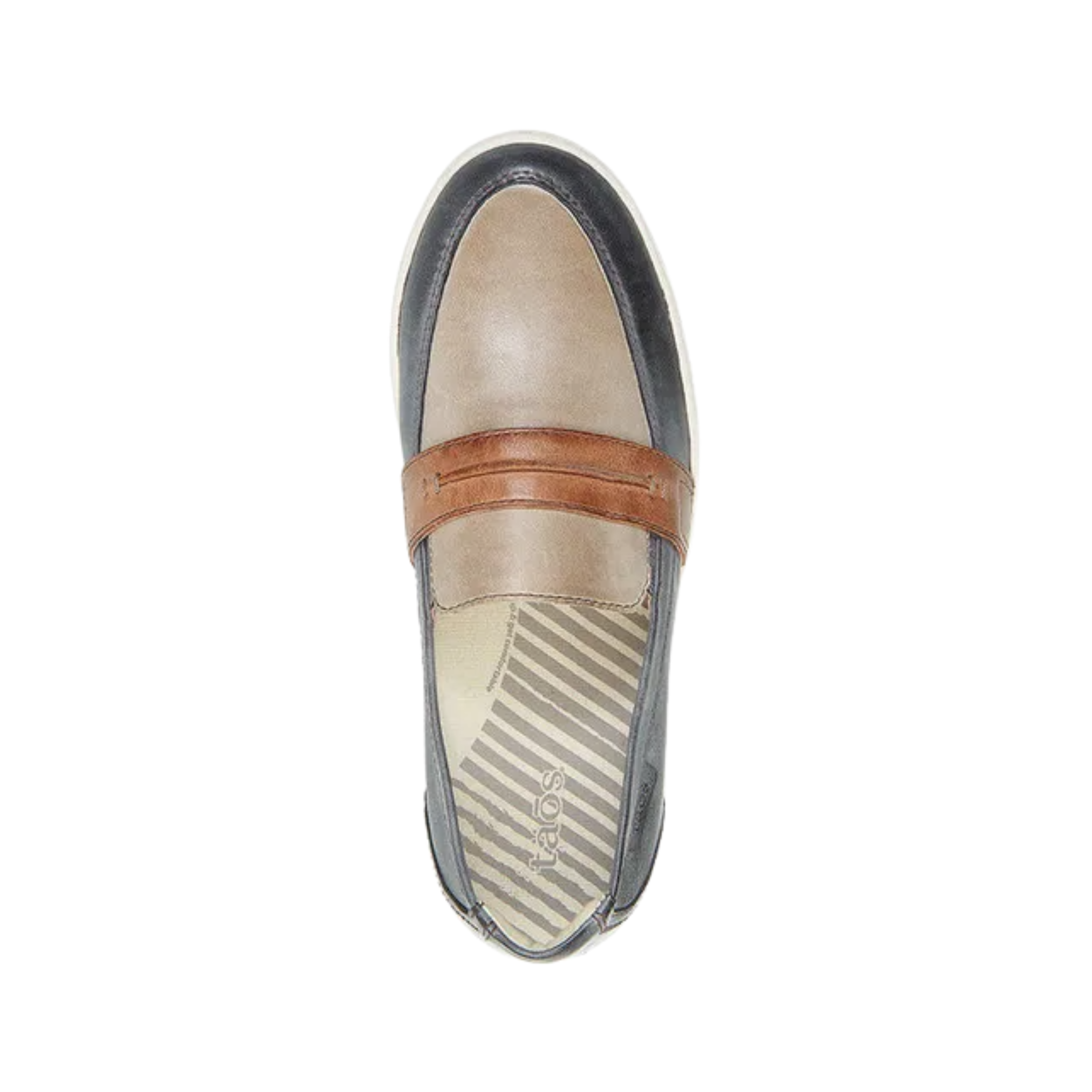 Top View of Women’s Taos Upward Shoe in Steel Taupe Multi – Features include a breathable mixed-material upper, contoured footbed, and padded tongue for enhanced comfort.