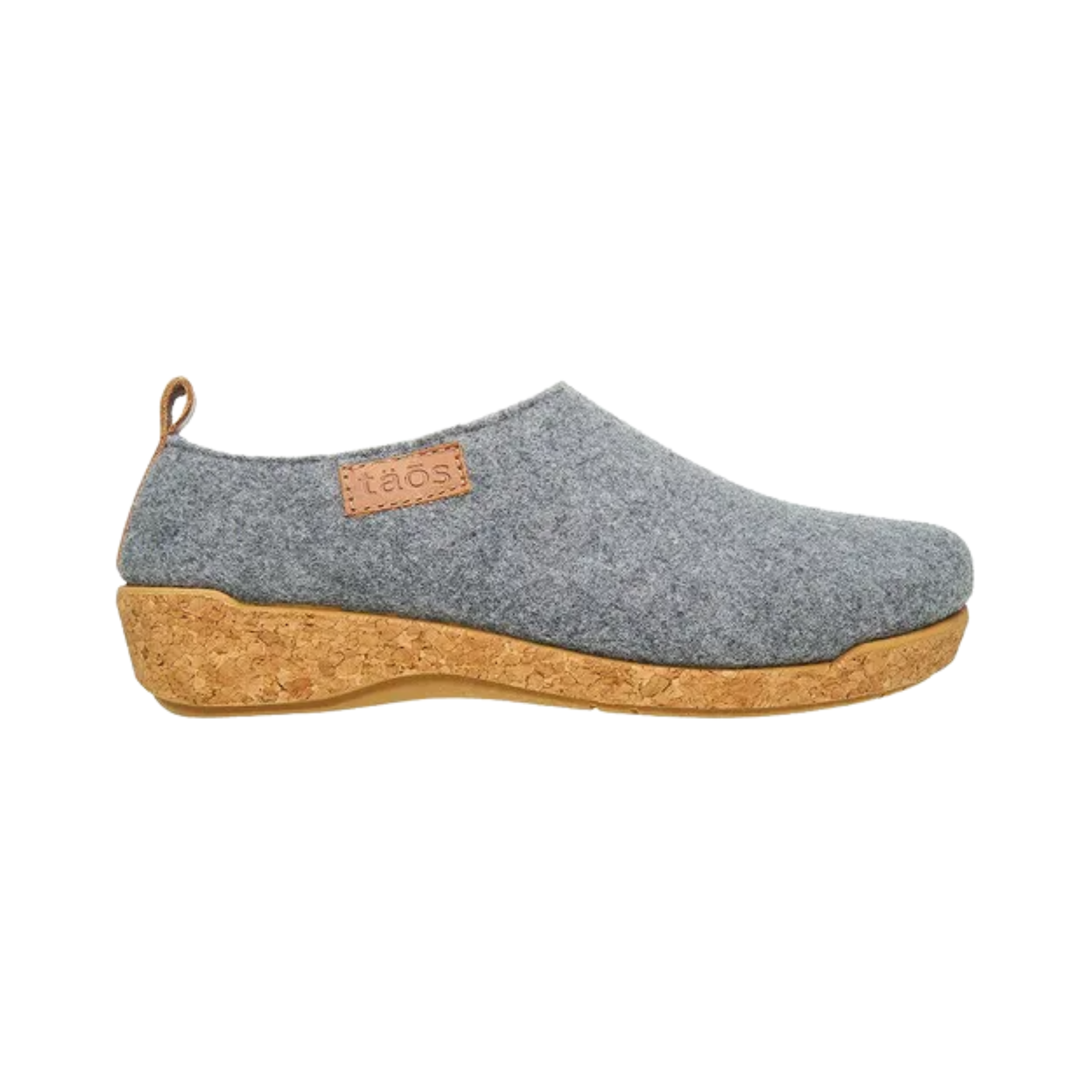 Side View of Women’s Taos Wonderwool Shoe in Grey – Featuring a snug, stretchy fit that adapts to the foot, with a simple, clean design enhanced by detailed stitching.