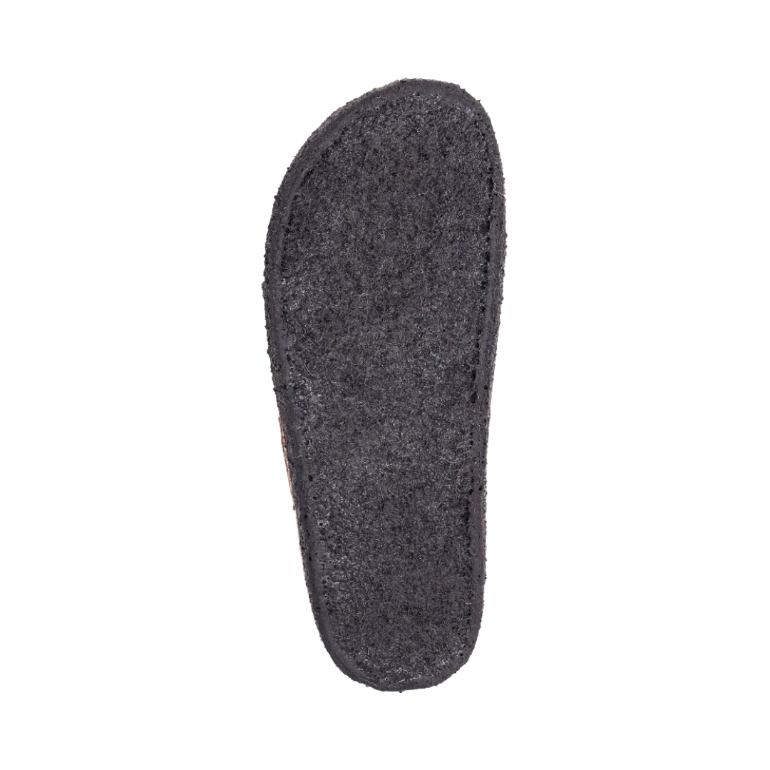 Bottom View of Women’s Taos Wooled Class Shoe in Charcoal– featuring a durable rubber outsole with slip-resistant traction, lightweight flexibility for natural movement, and a patterned tread for extra grip.
