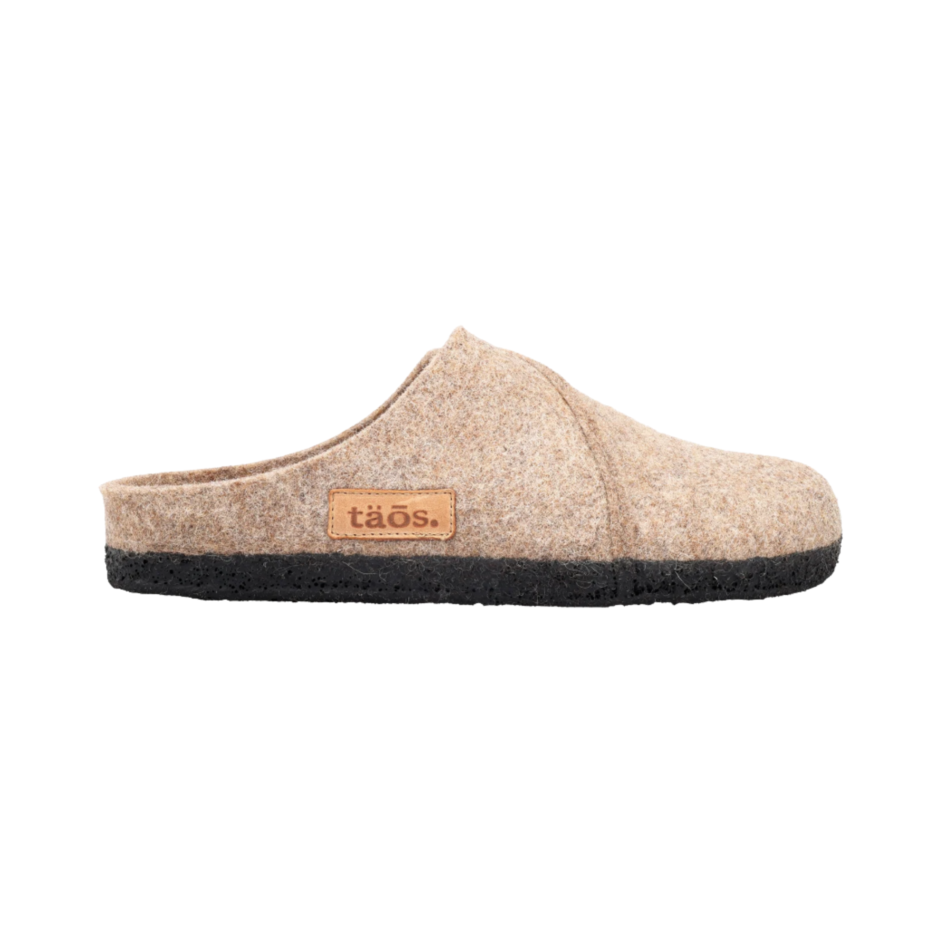 Side View of Women's Taos Wooled in Warm Sand – Featuring a simple, slip-on design with a cozy wool upper that offers a secure and comfortable fit.