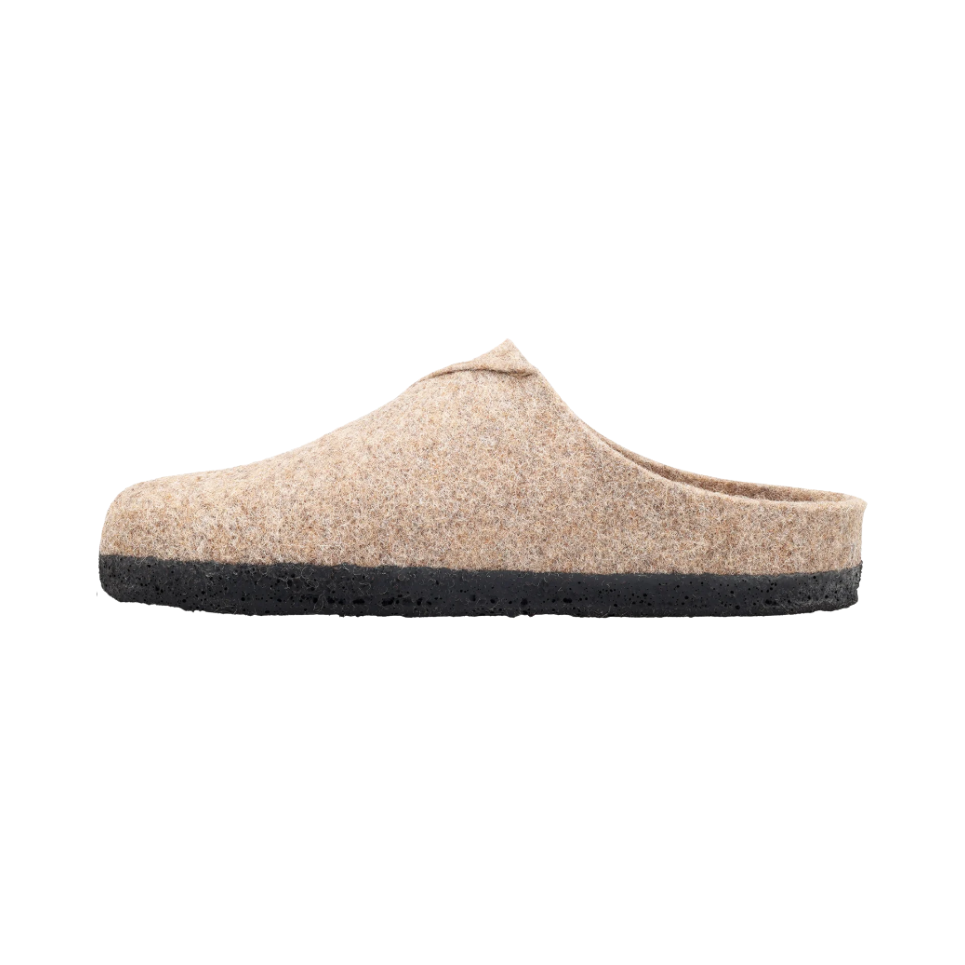 Side View of Women's Taos Wooled in Warm Sand – Featuring a simple, slip-on design with a cozy wool upper that offers a secure and comfortable fit.