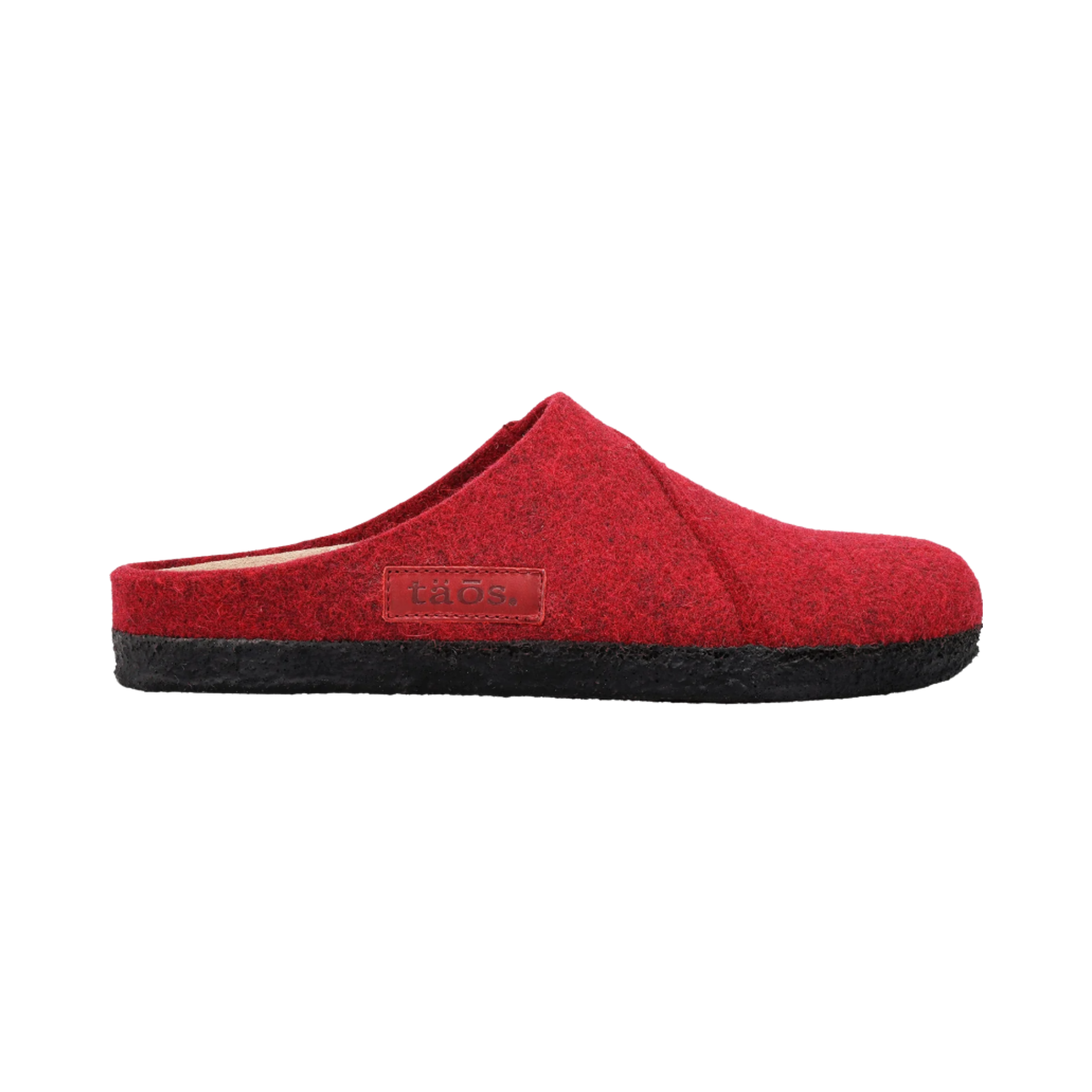 Side View of Women's Taos Wooled in Red – Featuring a sleek, slip-on design with a wool blend upper for both warmth and breathability, perfect for colder weather.