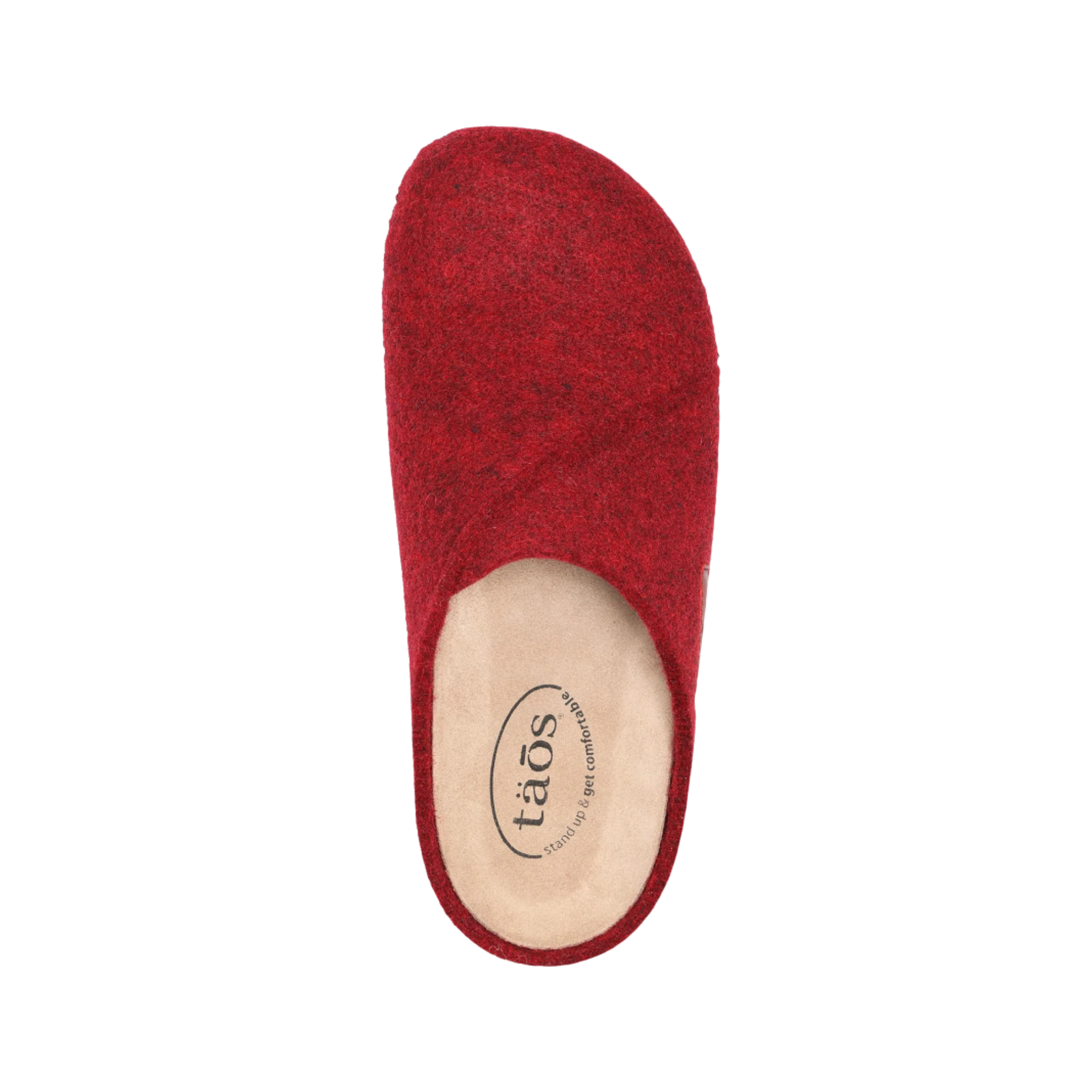 Top View of Women's Taos Wooled in Red – Featuring a rich red wool upper with a cozy, warm appearance, designed to keep your feet comfortable and stylish.