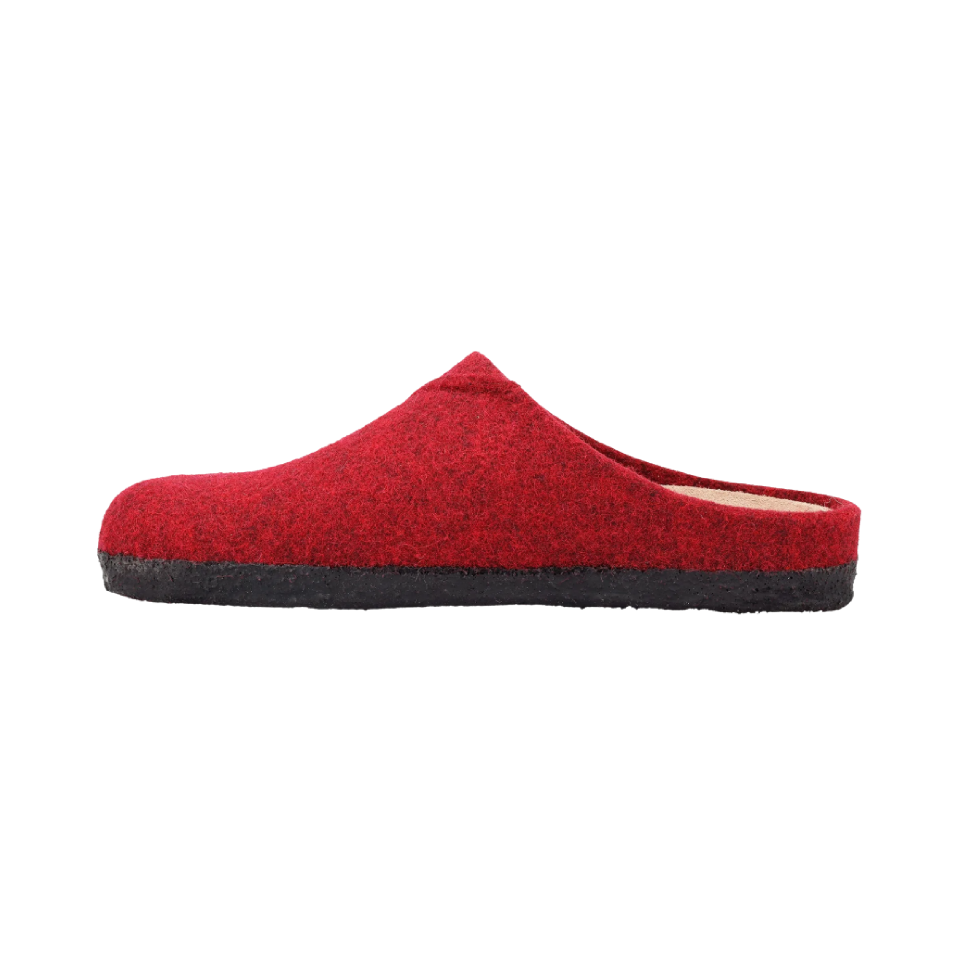 Side View of Women's Taos Wooled in Red – Featuring a sleek, slip-on design with a wool blend upper for both warmth and breathability, perfect for colder weather.
