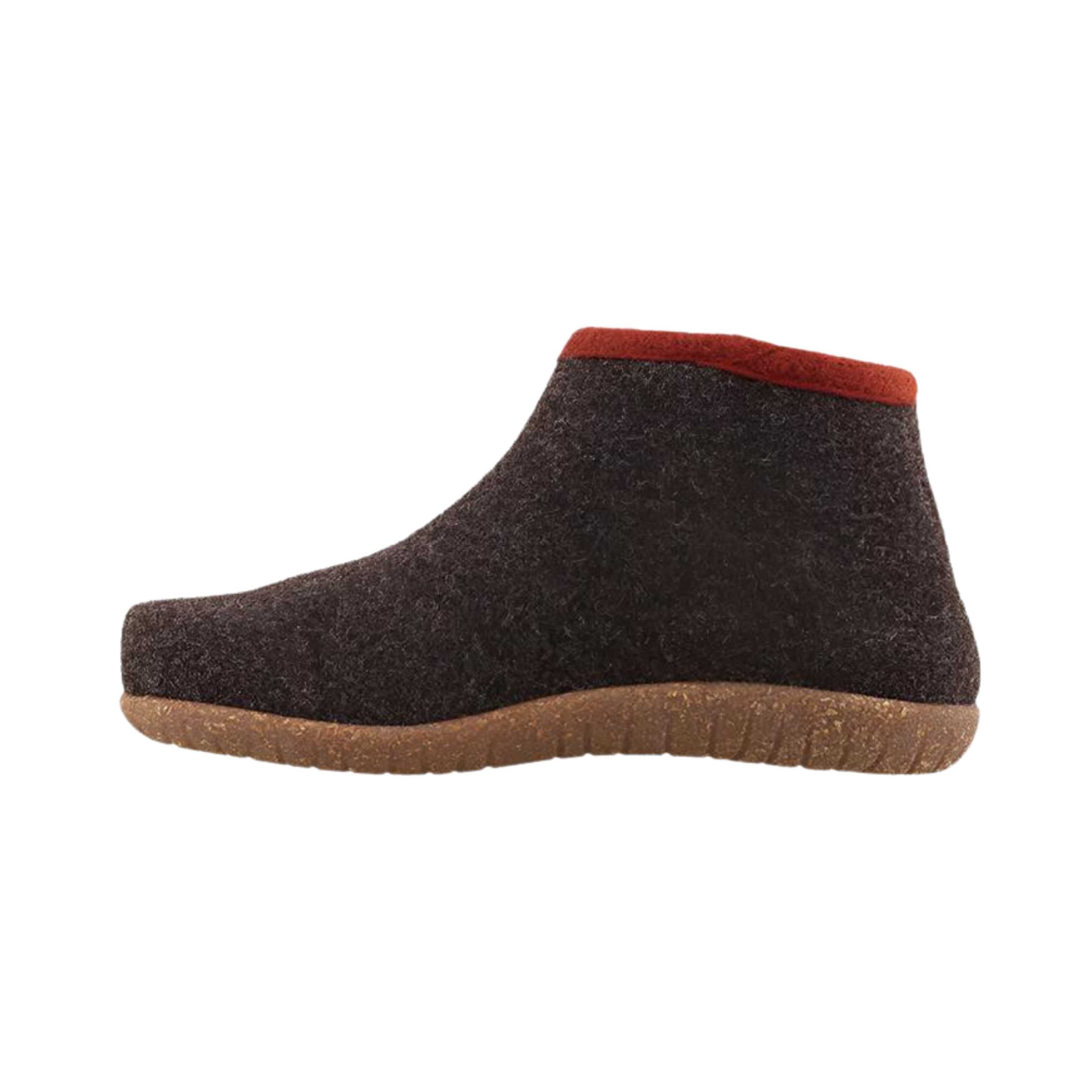 Side View of Women's Taos Woolside in Chocolate – Featuring a slip-on wool construction with elastic side gore for easy on-and-off and a flexible fit.